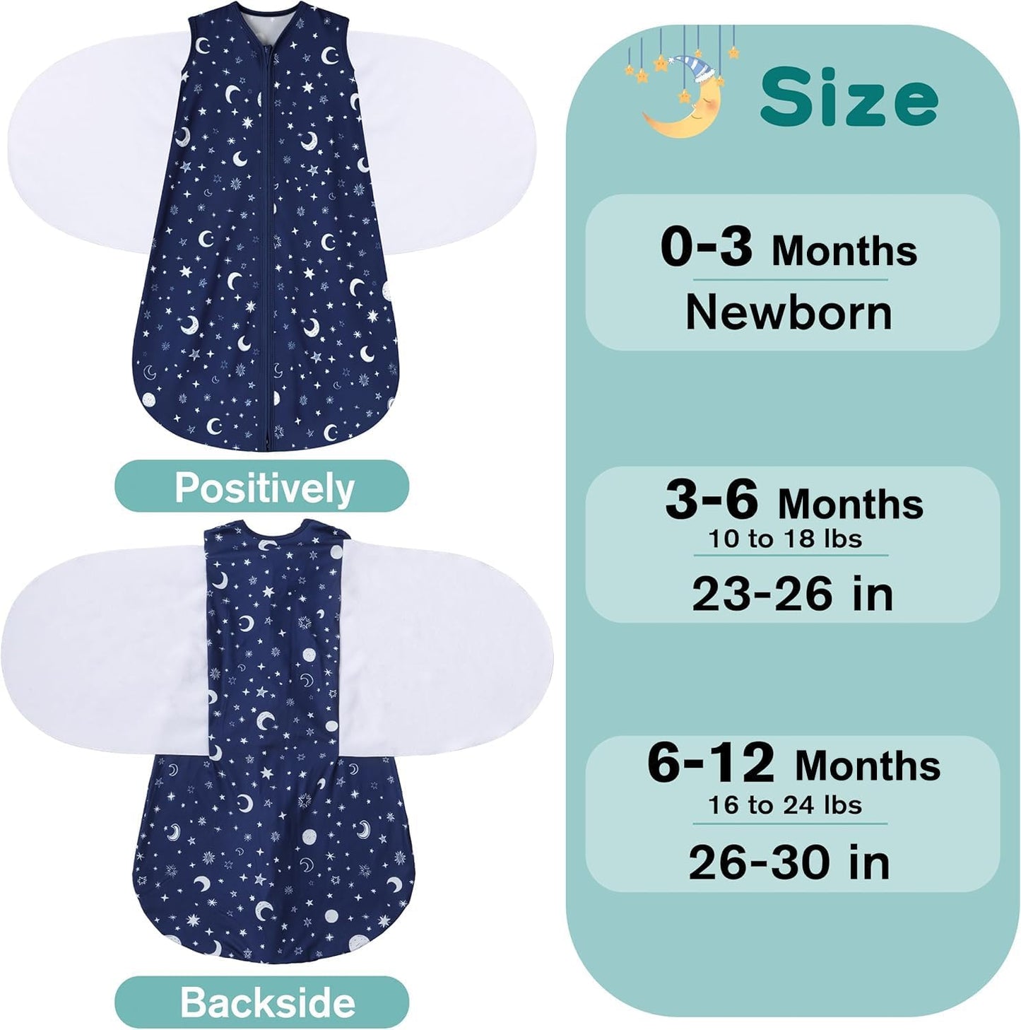 Newborn Sleep Sack Baby Swaddle,0-3 Months,3-Way Adjustable Wearable Blanket,100% Rayon Cotton Swaddling Sleeping Bag，TOG 0.5（Clouds&Starry Sky）