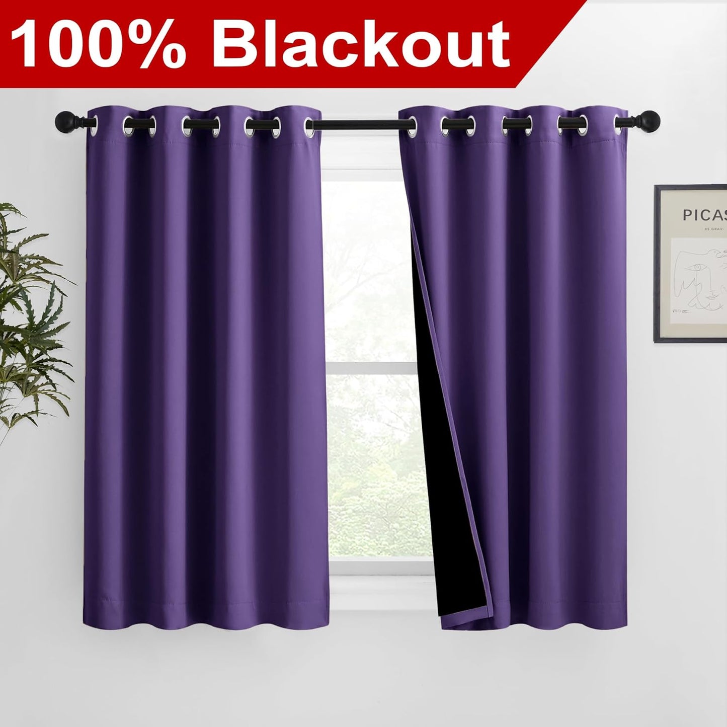 NICETOWN 100% Blackout Blinds, Set of 2, 46 inches x 45 inches, Laundry Room Decor Window Treatment Curtains for Large Patio Sliding Door, Thermal Insulated Lilac Purple Curtains for Bedroom