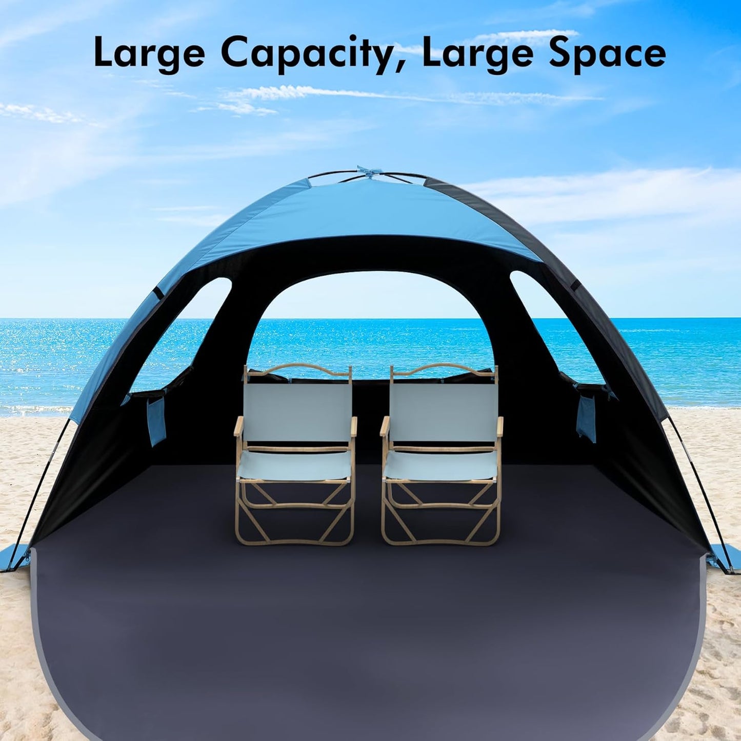 WhiteFang Beach Tent Anti-UV Portable Sun Shade Shelter for 3/4/6/8 Person, Extendable Floor with 3 Ventilating Mesh Windows Plus Carrying Bag, Stakes and Guy Lines