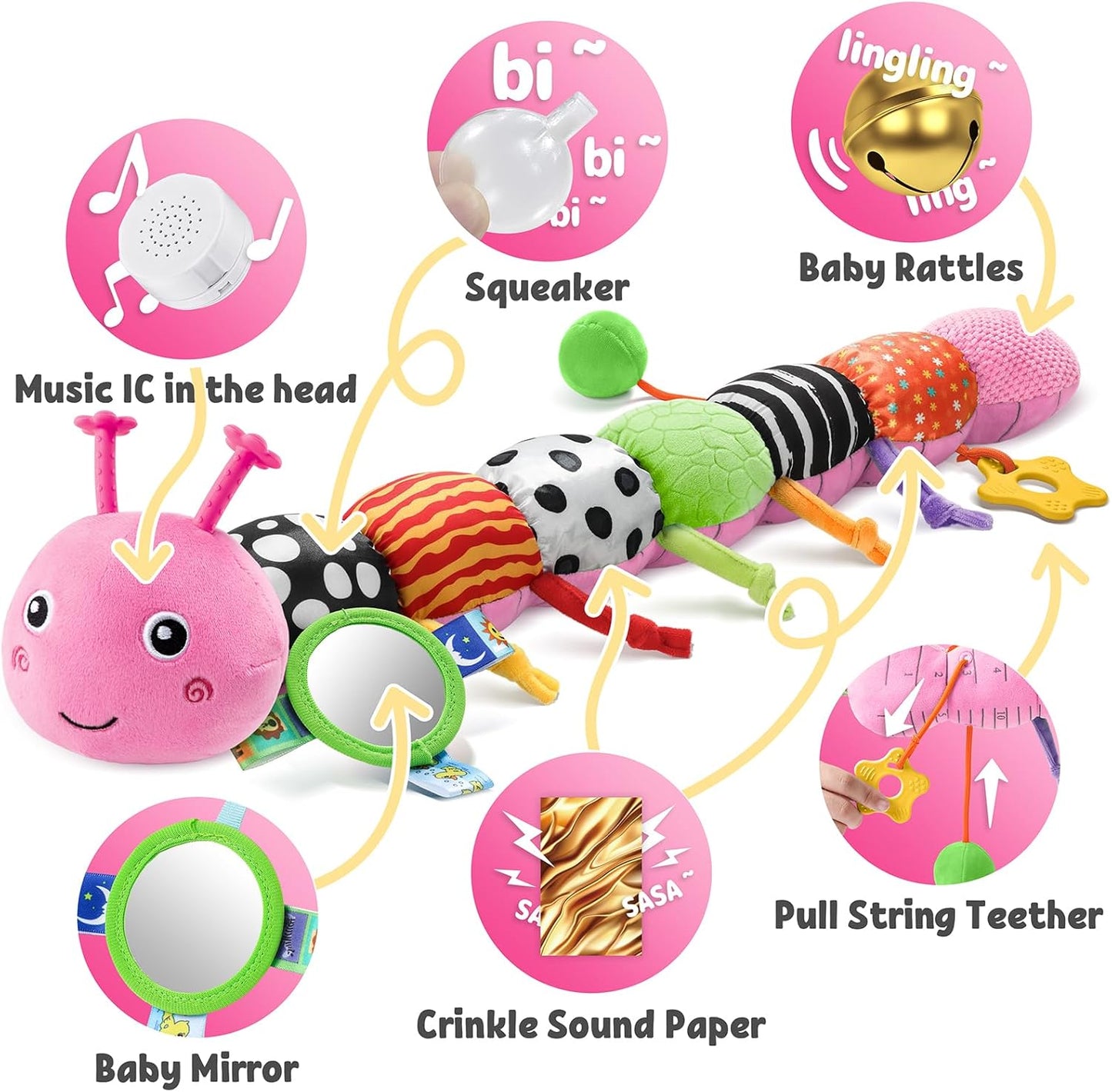 LIGHTDESIRE Baby Toys Musical Caterpillar,Infant Toys Stuffed Animals with Mirror,Ruler Design,Pull String&Rattles,Sensory Toy for Tummy Time Boy Girl Newborn Gifts 3 6 12 Months(Rose Pink,Knot Limb)