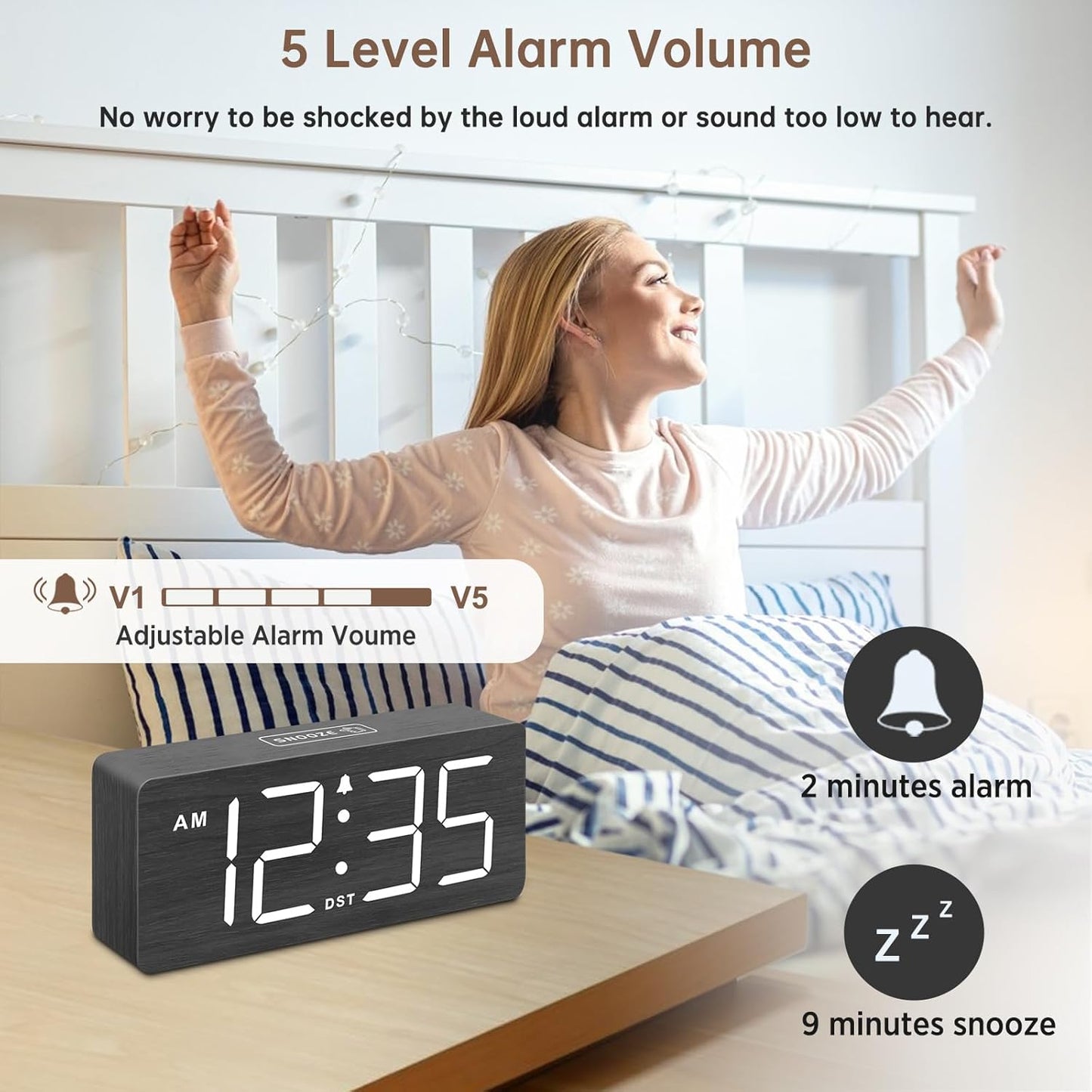 DreamSky Wooden Digital Alarm Clock for Bedroom - Loud Alarm Clock for Heavy Sleepers with Volume Control, Desk Clocks for Living Room with Large Numbers, Dimmer, DST, Wood Decor (Adapter Powered)