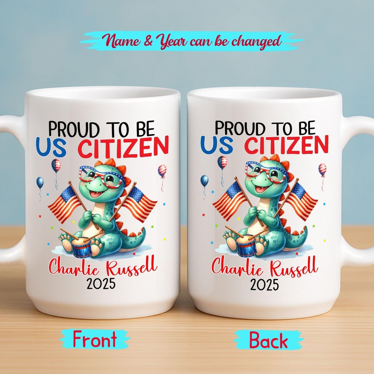 Personalized American Citizen Coffee Mug, Proud To Be Us Citizen Coffee Cup Gift For Grandkid Friend Bestie, Customized Year & Name US Citizenship White Cup, Awesome American Flag Ceramic Mug 11 15Oz