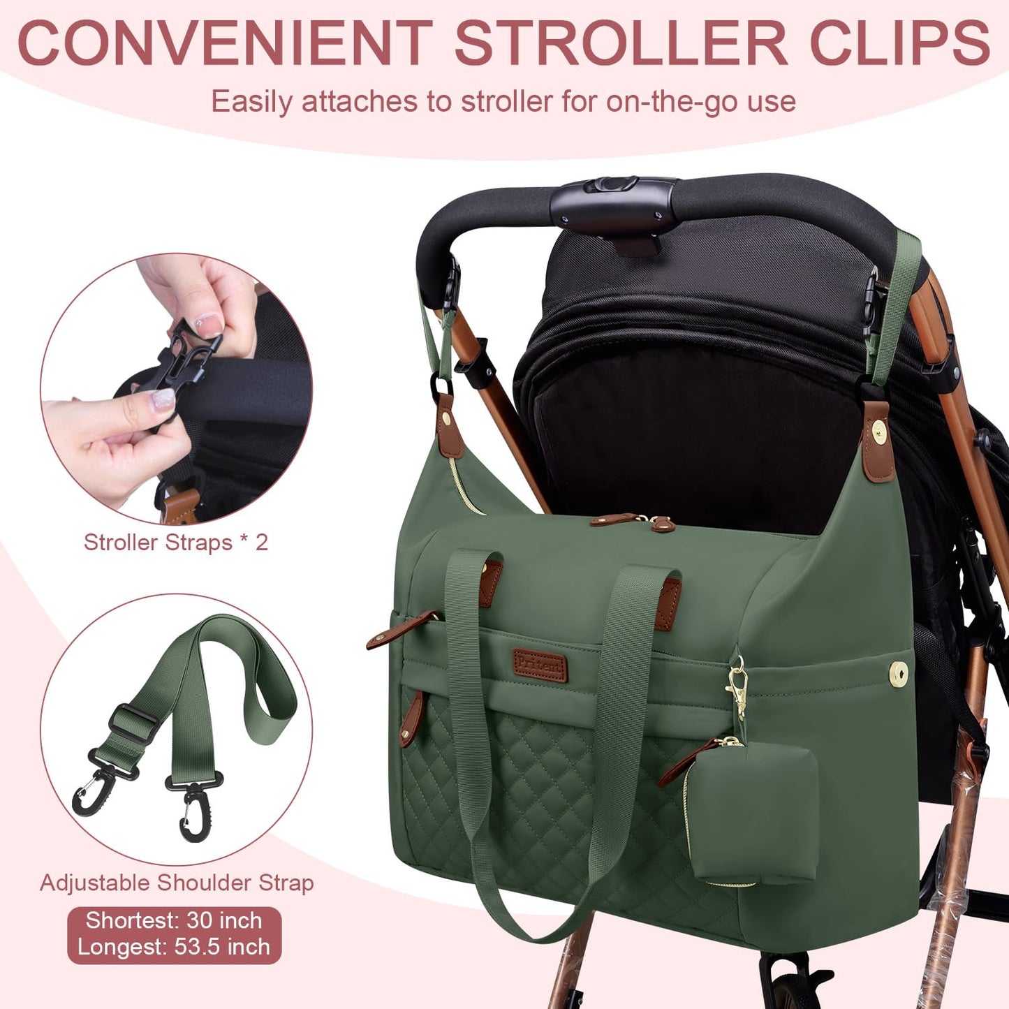 Diaper Bag Tote - Diaper Baby Bags with Pacifier Case, Shoulder Straps, Stroller Clips, Waterproof Large Mommy Maternity Travel Baby Bag for Mom and Dad, Green, Medium