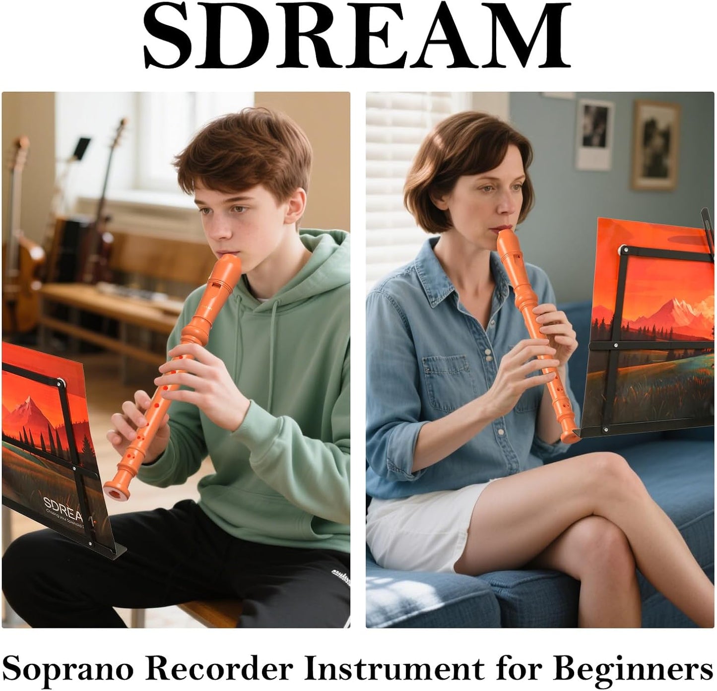 SDREAM Soprano Recorder Instrument for Kids and Adults - Beginner 8 Hole German Fingering Recorder Flute With Cleaning Rod, Packing Bag and Sheet Music (Orange)