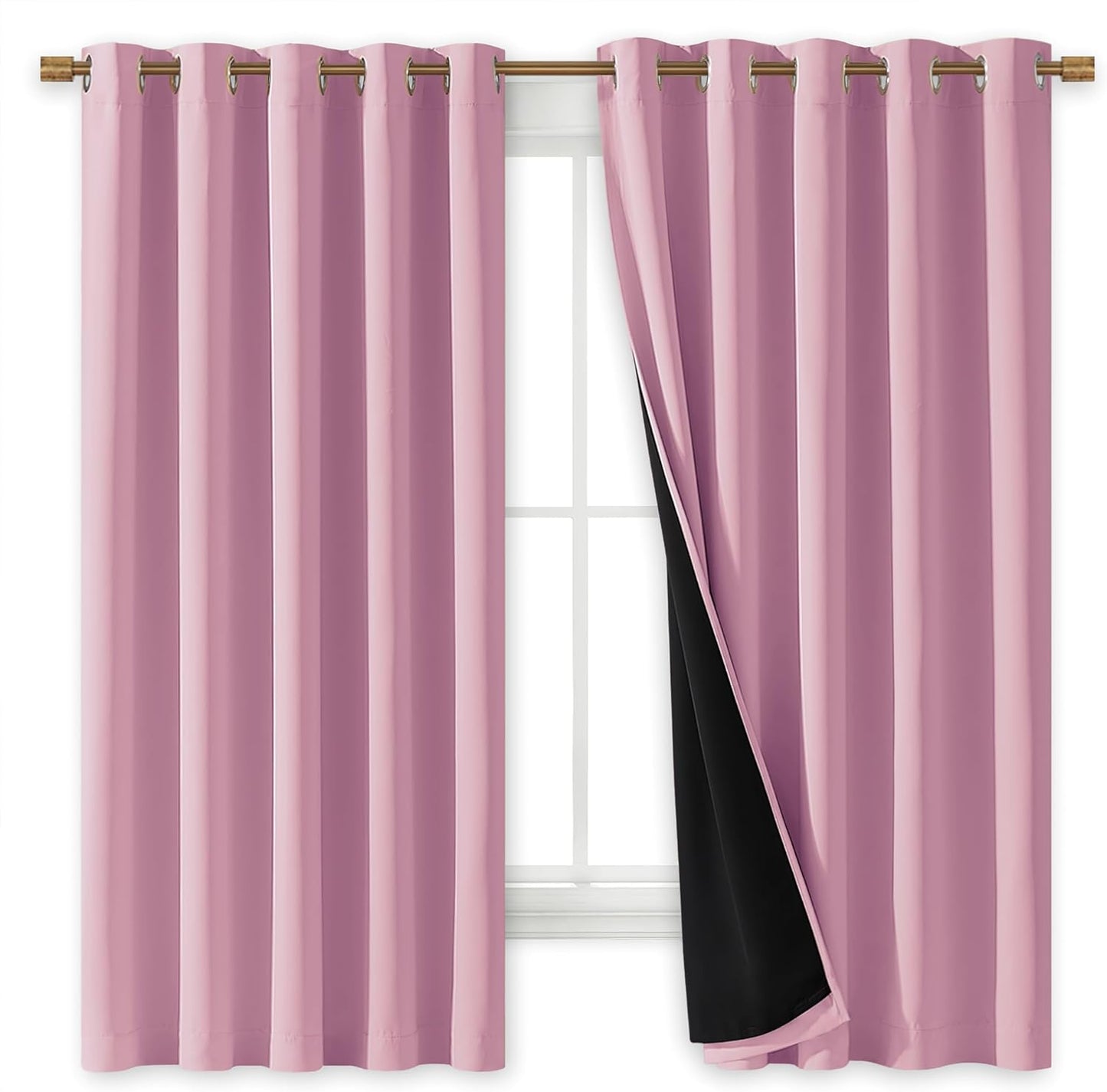 NICETOWN 100% Blackout Curtains with Black Liners, Thermal Insulated Full Blackout 2-Layer Lined Drapes, Energy Efficiency Window Draperies for Bedroom (Crystal Pink, 2 Panels, 70-inch W by 63-inch L)