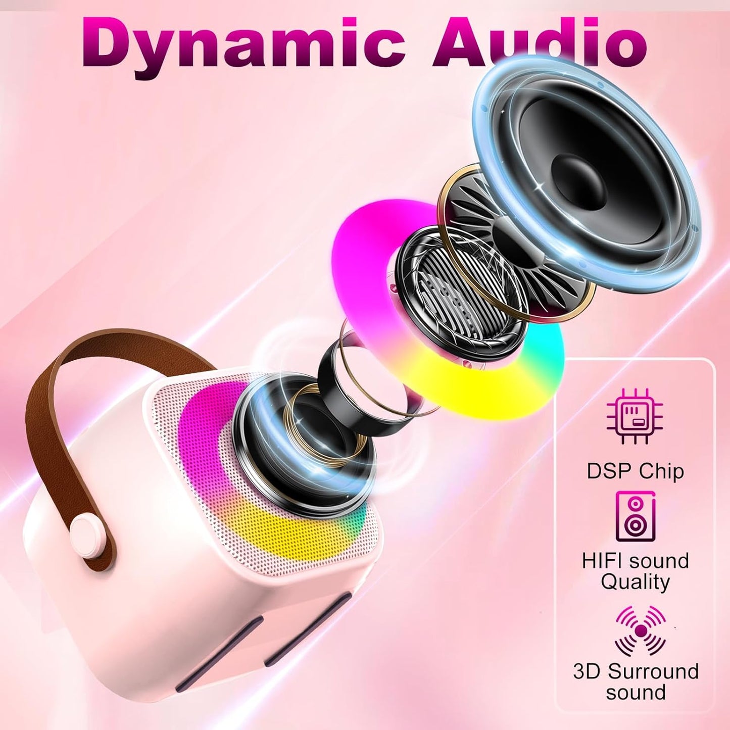 Mini Karaoke Machine, Portable Bluetooth Karaoke Speaker with 2 Wireless Microphone and Lights for Kids and Adults, Chritmas Birthday Gifts for Girls Boys 3-12+ Year Old (Pink)