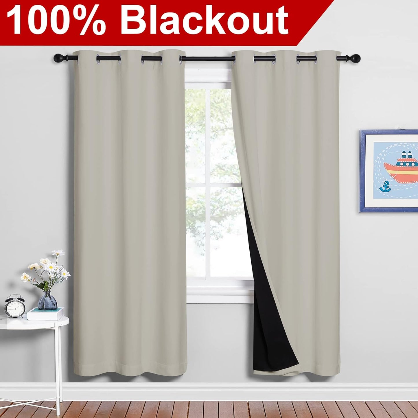 NICETOWN 100% Blackout Window Curtain Panels, Full Light Blocking Drapes with Black Liner for Nursery, 72-inch Drop Thermal Insulated Draperies (Natural, 2 Pieces, 42-inch Wide Per Panel)