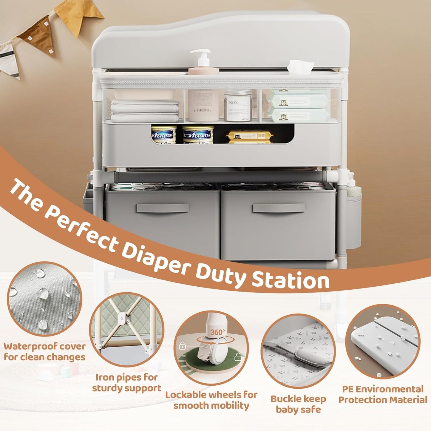 Baby Changing Table, Versatile Folding Changing Table with 2 Drawers, Portable Baby Diaper Changing Station with Toy Holder, Adjustable Height Mobile Nursery Diaper for Infant and Newborn