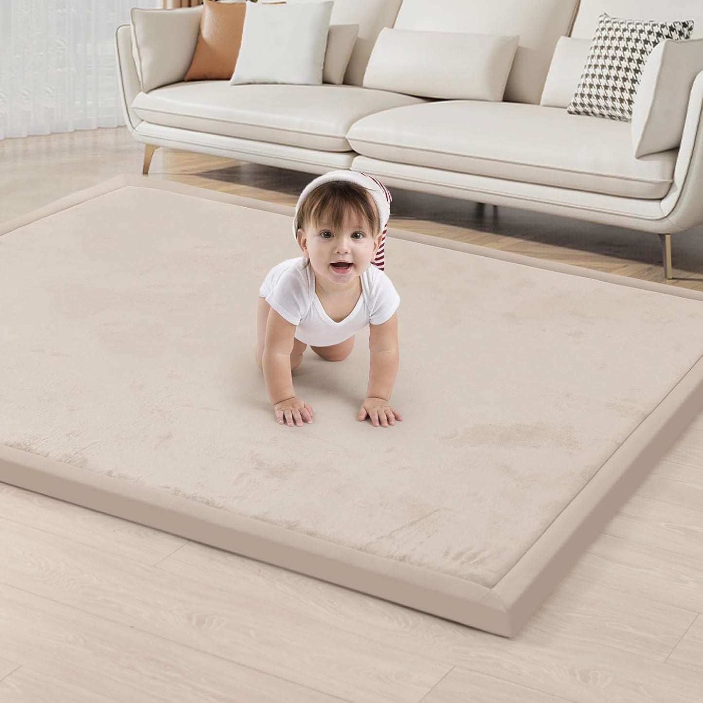 ACOMOPACK Baby Play Mat for Floor 1.3" Thick Memory Foam Play Mat 59"×71" Tummy Time Crawling with Non-Slip Bottom for Living Room,Nursery,Soft Velvet Playpen Mats for Kids,Infants（Beige）