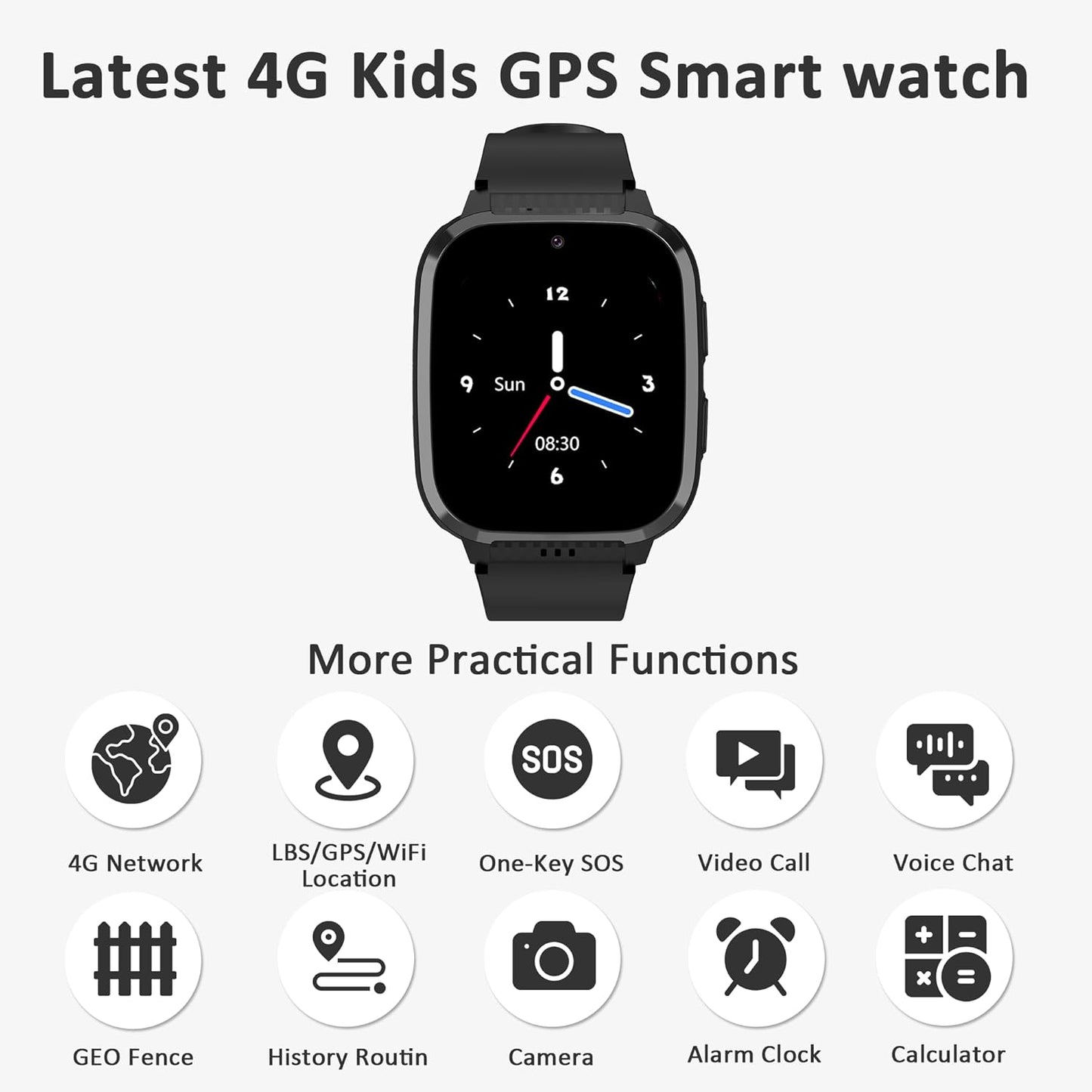 Kids Smart Watch Boys with GPS Tracker & Video Calling Texting 4G Kids Cell Phone Watch Age 5-12, 12/24 Hr SOS Call Voice Chat Alarm Clock Camera Pedometer Class Mode(Black)