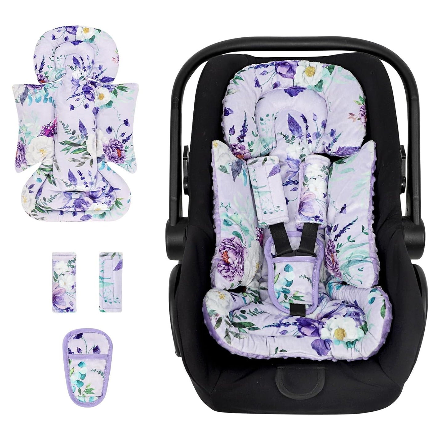 Infant Car Seat Insert and Strap Covers, Very Soft Car Seat Head Support Baby Girl Boy, Reversible Newborn Carseat Insert Cushion Fits for Stroller, Baby Swing, Bouncer (Purple Floral)