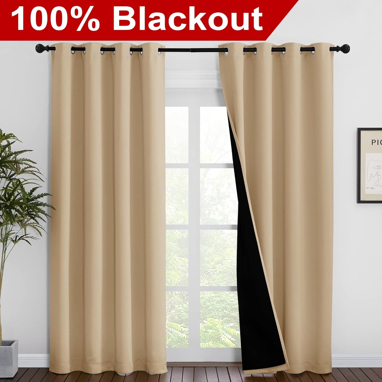 NICETOWN Living Room Completely Shaded Draperies, Privacy Protection & Noise Reducing Ring Top Drapes, Black Lined Insulated Window Treatment Curtain Panels(Biscotti Beige, 2 Pieces, W55 x L86)