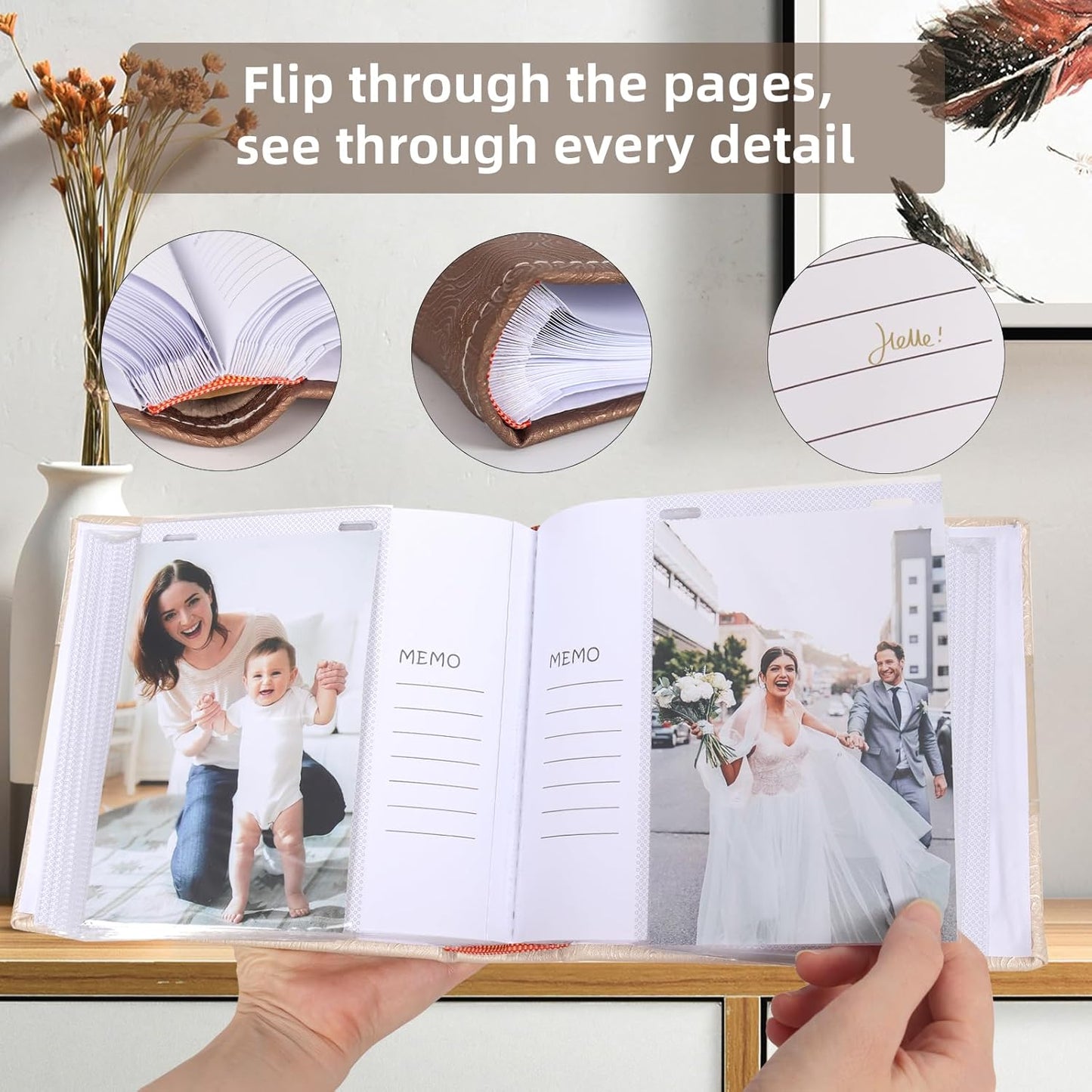 RECUTMS Photo Album 4x6 with Writing Space 100 Photos Photo Book, Leather Cover Picture Album with Memo Areas for Wedding Anniversary Family Baby Couple Valentines Graduation Travel (Beige)