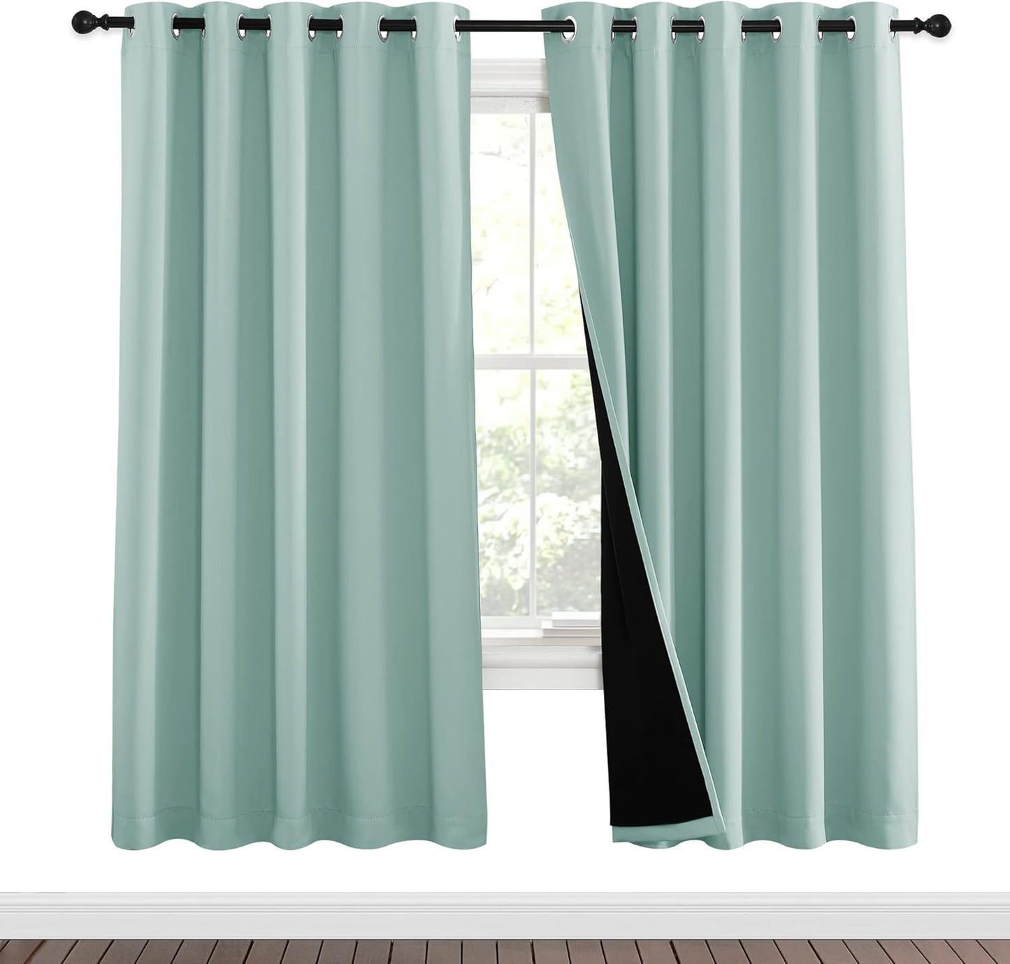 NICETOWN 100% Blackout Window Curtain Panels, Full Light Blocking Drapes with Black Liner for Nursery, 72-inch Drop Thermal Insulated Draperies (Aqua Blue, 2 Pieces, 62-inch Wide Per Panel)