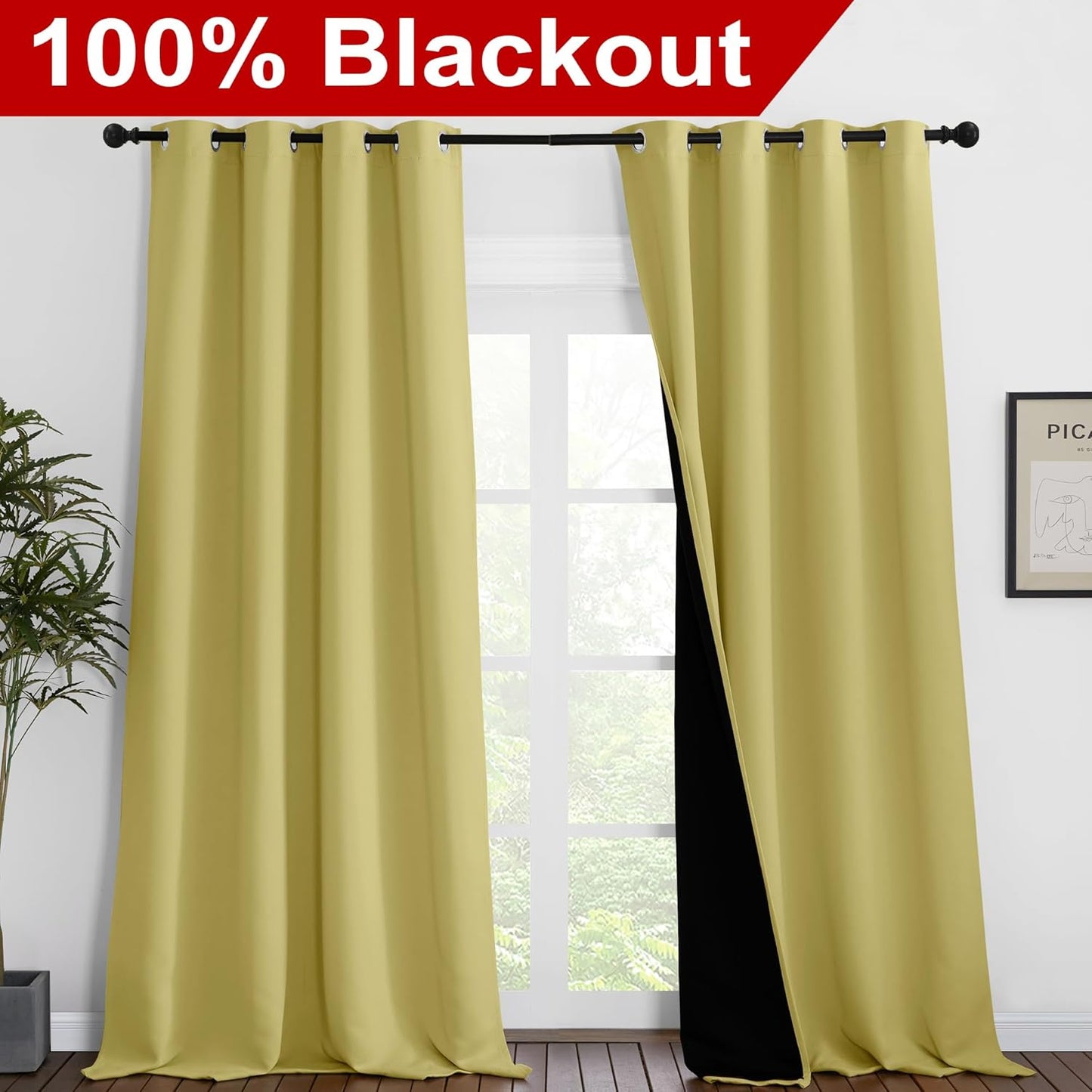 NICETOWN Total Shade Curtains and Draperies, Heavy-Duty Full Light Shading Drapes with Black Liner Backing for Villa/Hall/Dorm Window（Paler Yellow, Package of 2 Panels, 55 inches Wide x 96 inches Long