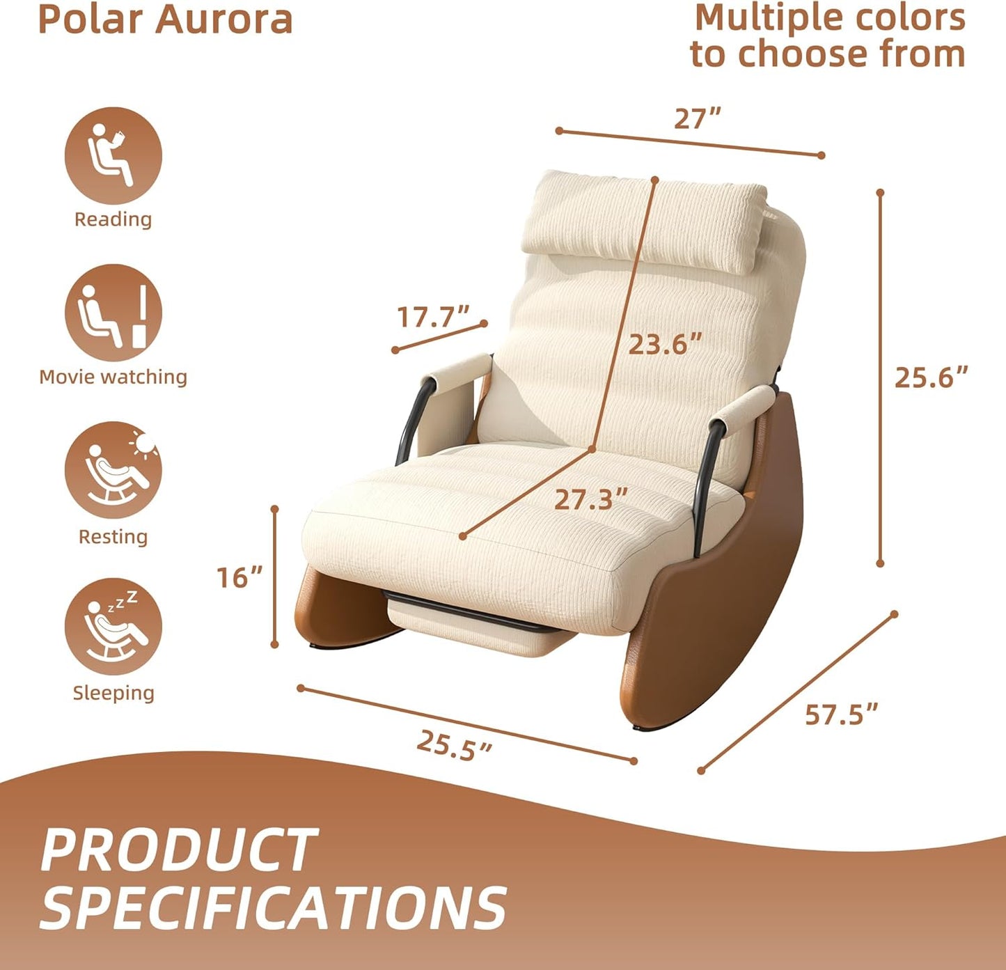 Polar Aurora Nursery Rocking Chairs with Soft Seat and Headrest,Corduroy Fabric Accent Chair with Side Pocket,Glider Rocking Chair for Bedroom/Living Room/Nursery(Beige/Brown)
