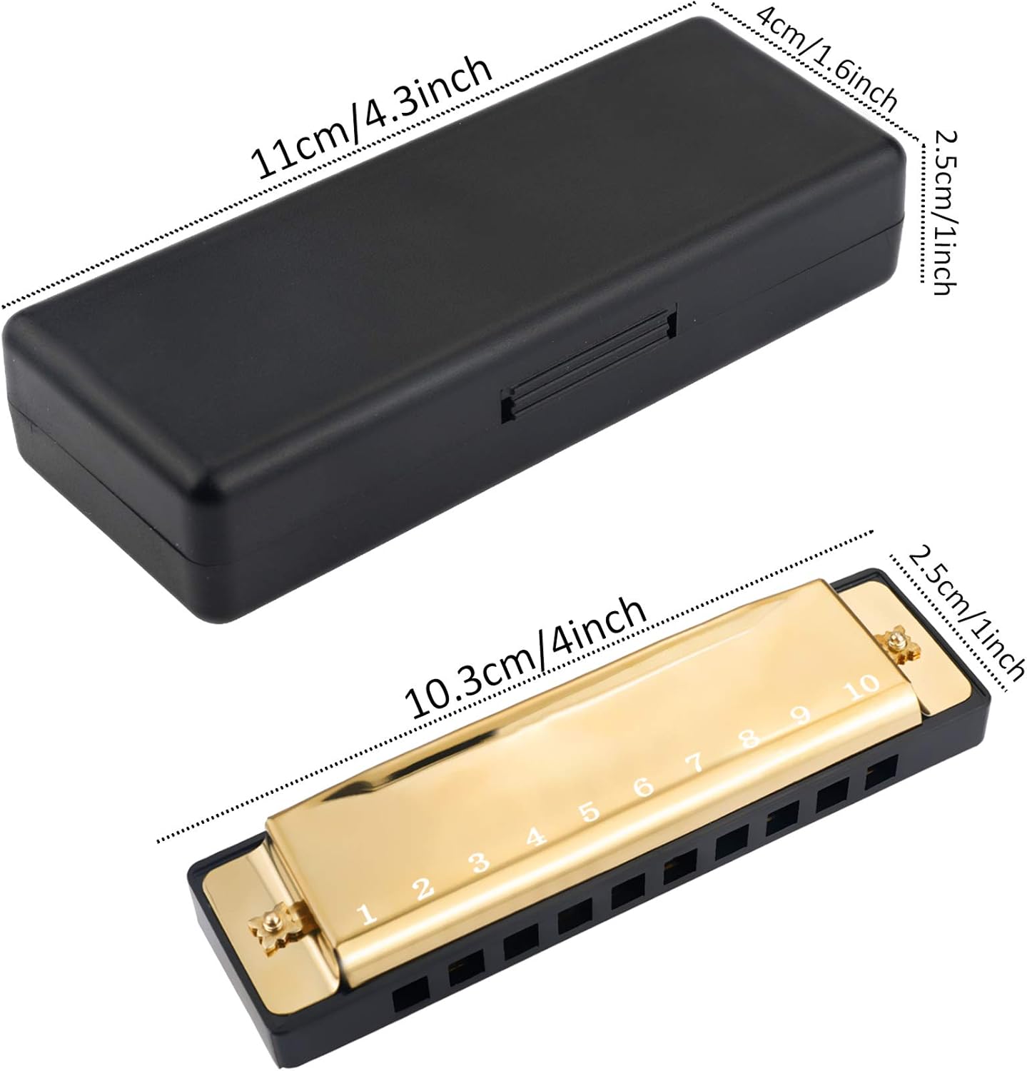 4PCS Key of C 10 Hole 10 Tones Titanium Color Harmonica with Case for Beginner Students Kids（Gold, Purple, Green, Blue）