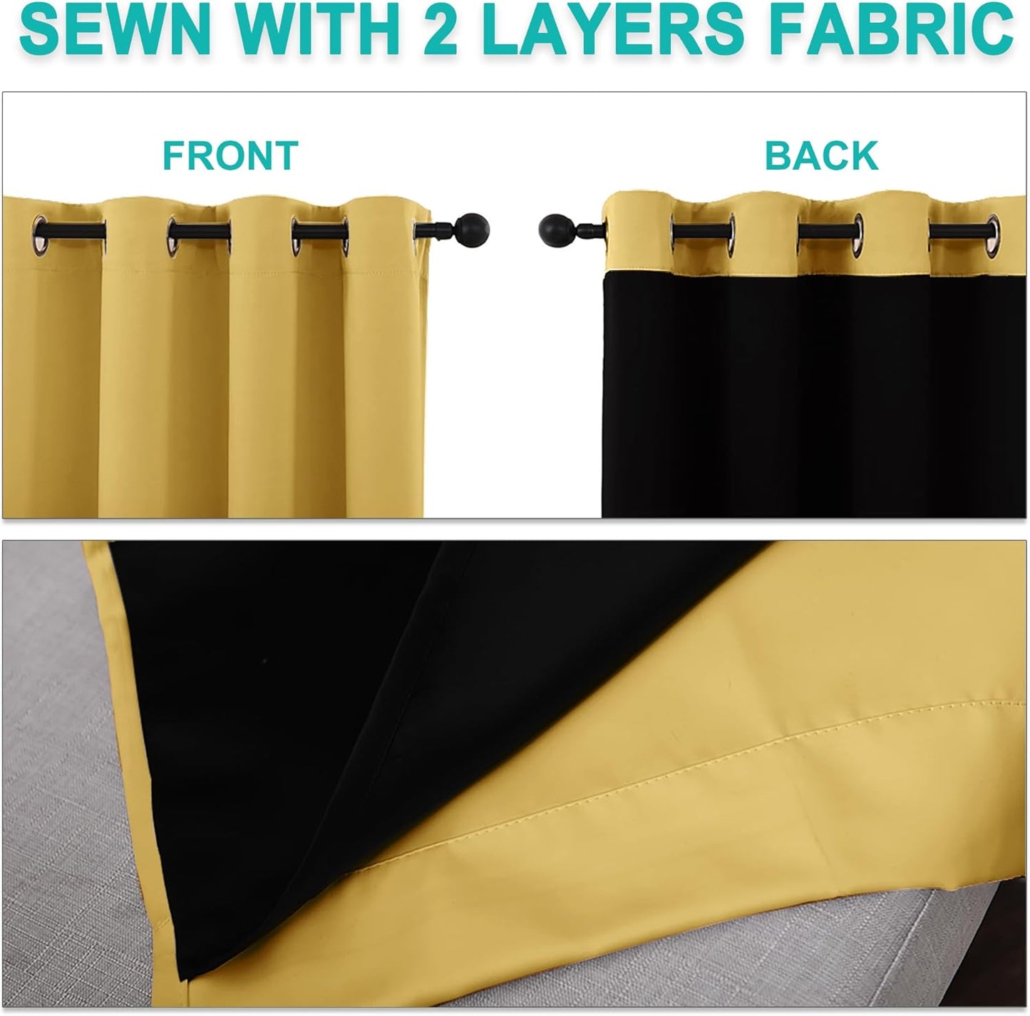 NICETOWN 100% Blackout Curtains with Black Liners, Thermal Insulated Full Blackout 2-Layer Lined Drapes, Noise Cancellation Window Draperies for Dining Room (Bright Yellow, 2 Panels, 55" W by 57" L)