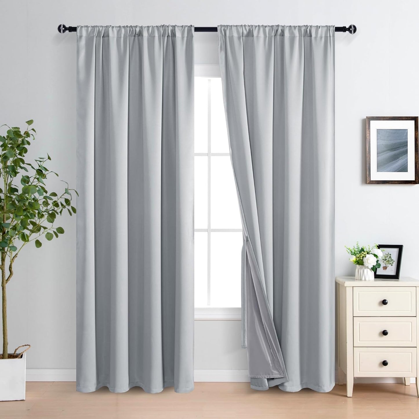 XWZO 100% Blackout Curtains with Tiebacks- 2 Thick Layers Completely Shaded Window Treatment Thermal Insulated Lined Drapes for Bedroom/Laundry, Rod Pocket, Light Grey, W52 x L84, Set of 2 Panels