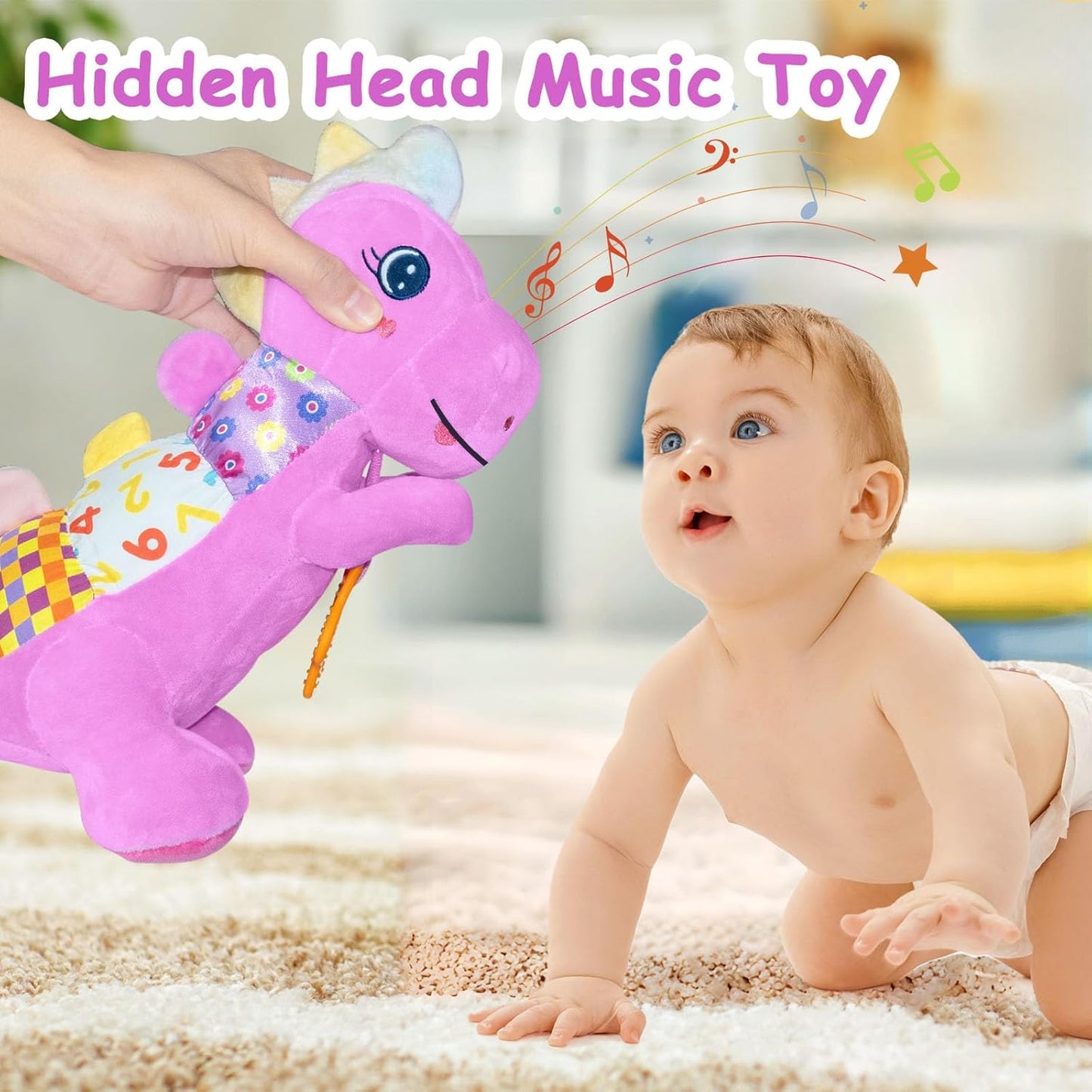 Baby Dino Plush Soft Stuffed Animal Toy for 0-3-6-12+ Months,Infant Musical Toy with Rattle,Squeaker,Sensory Crinkle,Teether & Textures,Toys for Christmas Baby Gift for Newborn Girl Boy (Purple)
