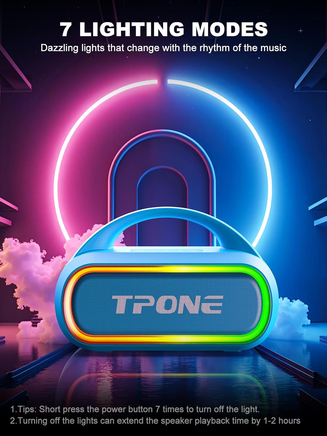 TPone Portable Bluetooth Speaker, 30W (Peak) Wireless Speaker for Outdoor Travel, 100ft Range, Multi-Colors Rhythm Lights, TWS Pairing, BT5.3, for Home/Party/Outdoor/Beach (Sky Blue)