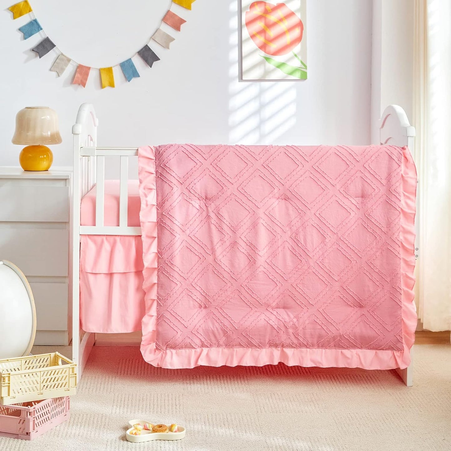 Mini Crib Bedding Set 3 Pieces Baby Boho Quilted Tufted Ruffles Comforter with Fitted Sheet and Ruffled Bed Skirt - Cute Shabby Baby Bedding Fits Mini Crib Only Pink