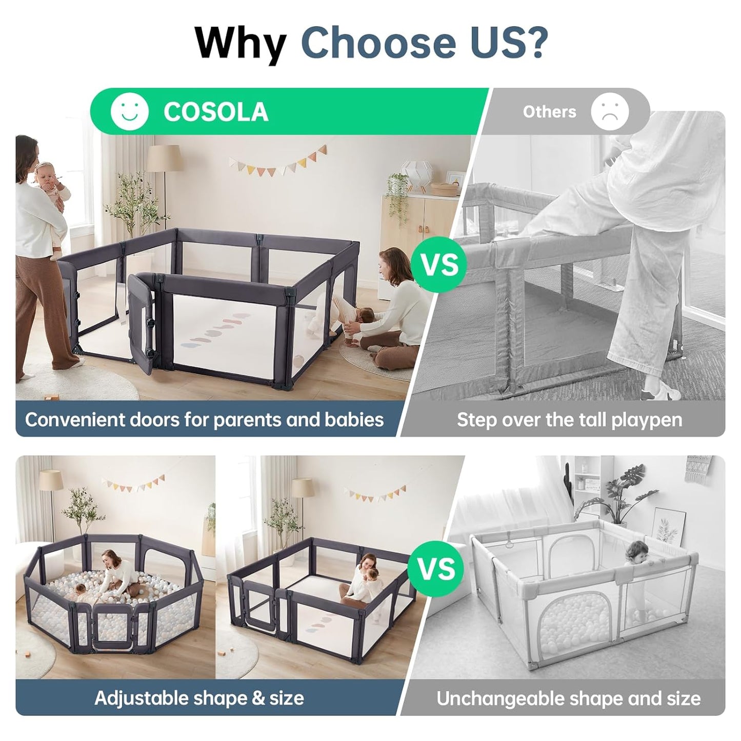 Baby Playpen,Large Play Pen for Babies and Toddlers with Door 79x71 Inch, Adjustable Playpen Non-Slip Suction Cups Base Safe and Sturdy, Indoor Outdoor Playard,Black