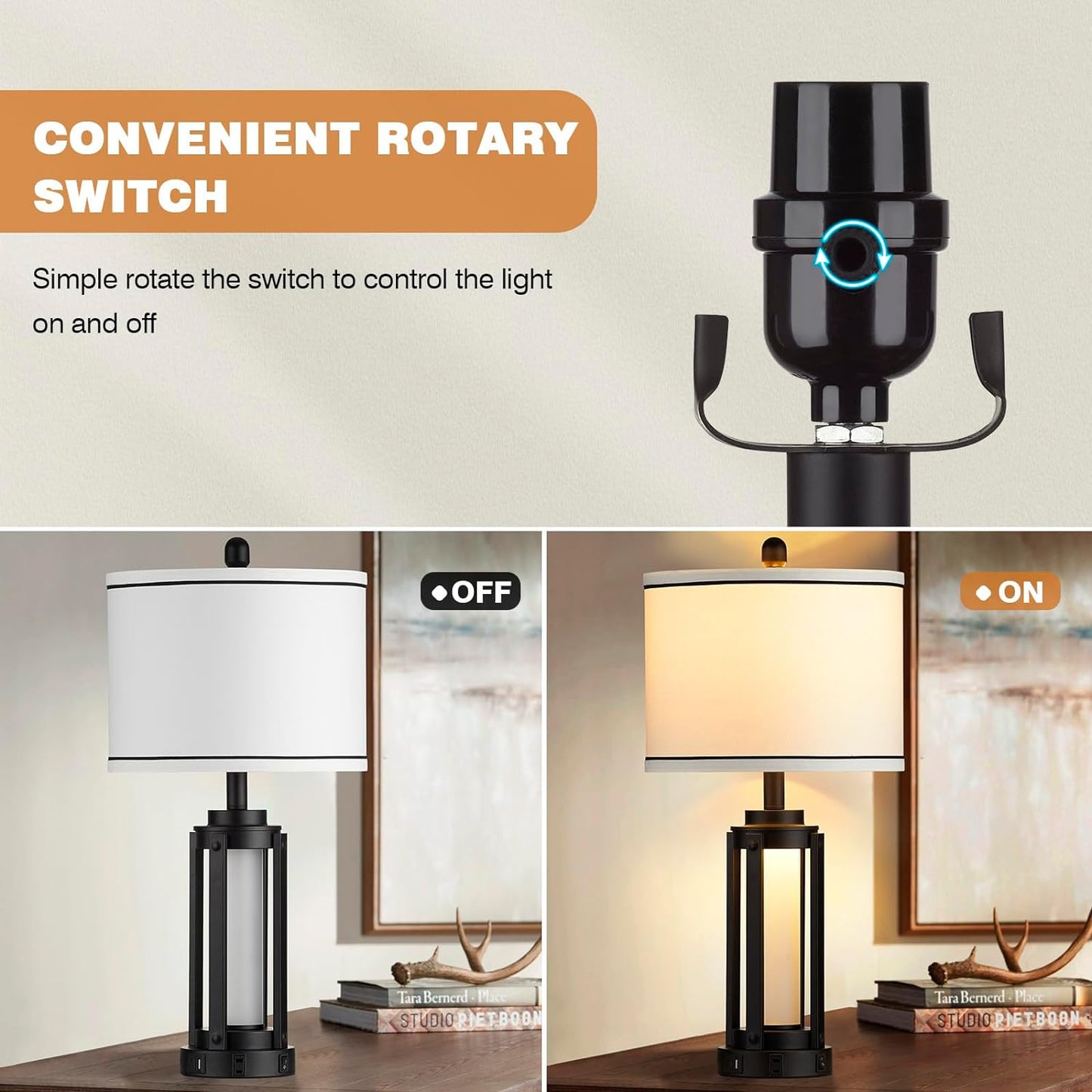 25" Modern Table Lamps Set of 2, Industrial Beside Lamps with USB A+C Charging Ports & AC Outlet, Nightstand Lamp with Glass Night Light for Living Room Bedroom End Table Decor White(4 Bulbs Included)