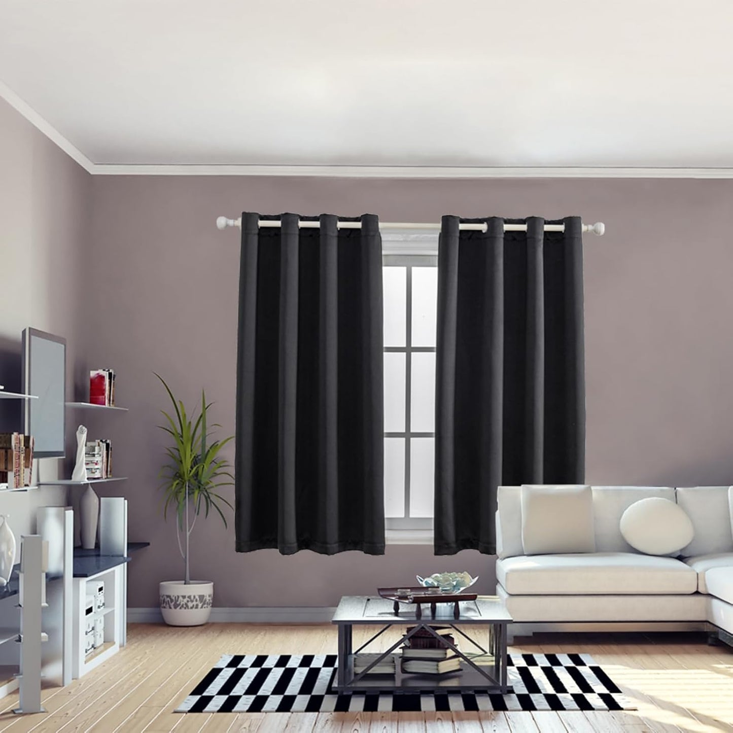 Anytime 100% Blackout Curtain Set, Thermal Insulated & Energy Efficiency Window Draperies for Guest Room, Full Shading Panels for Shift Worker and Light Sleepers（Black, 2 Panels, 52W x 45L）