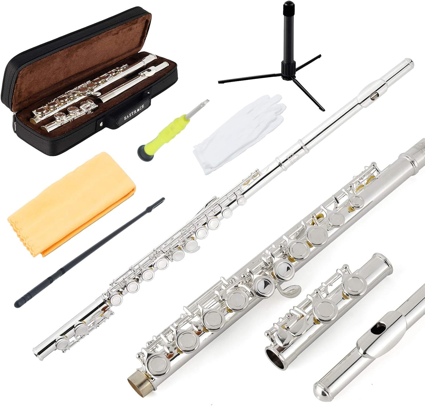 EASTROCK Silver Plated Flute Instrument for Beginner Kids Student，Closed Hole Flutes 16 Keys C Flute with Carrying Case,Stand，Cleaning kit，Gloves，Tuning Rod(Silver Plated)