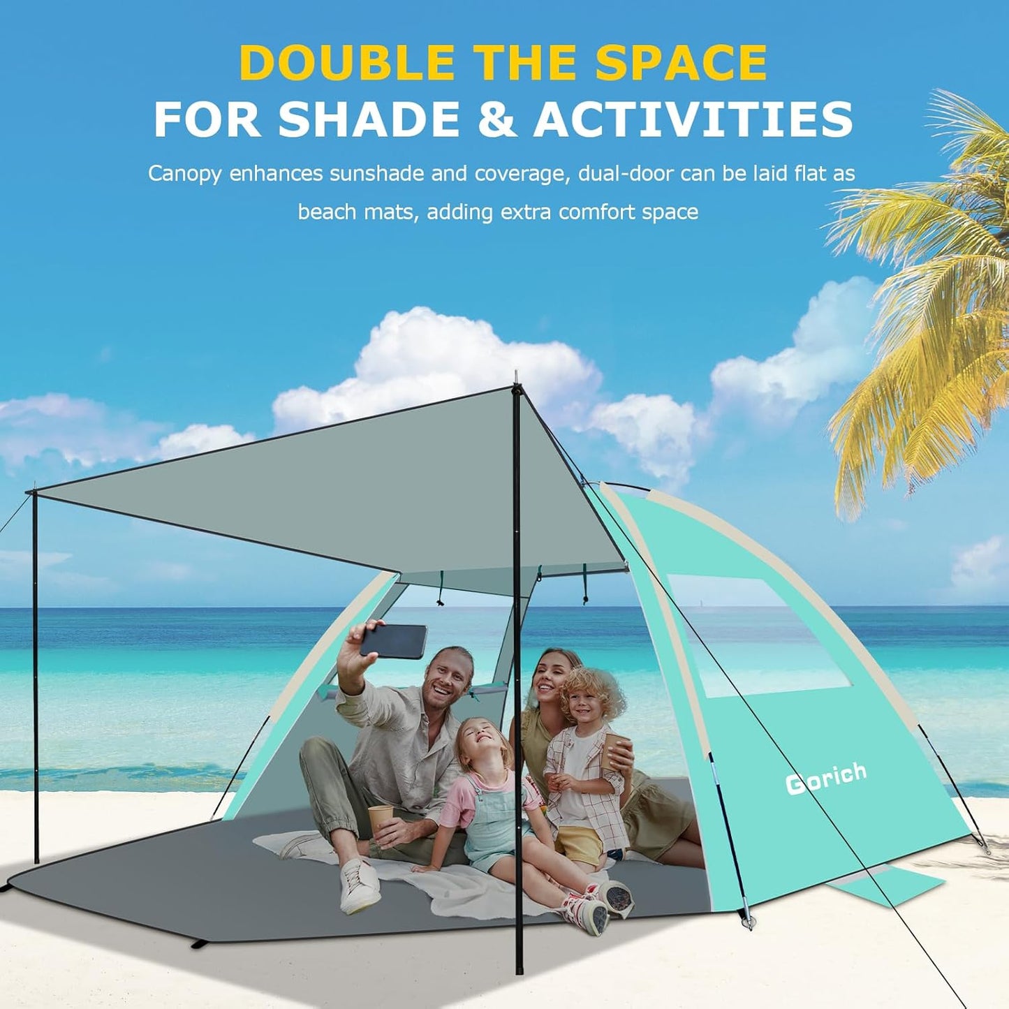 Gorich Beach Tent with Canopy - Easy Setup 3-4/5-6/7-8 Person Portable Sun Shelter, UPF 50+ UV Protection Sun Shade, Lightweight & Compact Beach Cabana for Family Travel