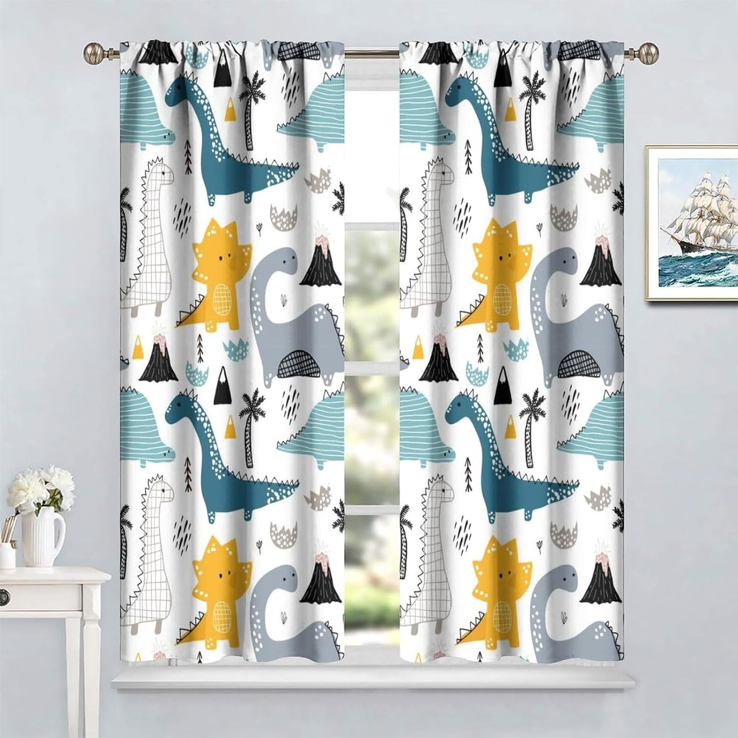 Kids Dinosaur Curtains for Boy Girl Bedroom Decor Cartoon Dino Colorful Cute Funny Wildlife Animal Printed Blackout Rod Pocket Window Drapes for Baby Nursery Playroom Living Room W31.5xL63in 2 Panels