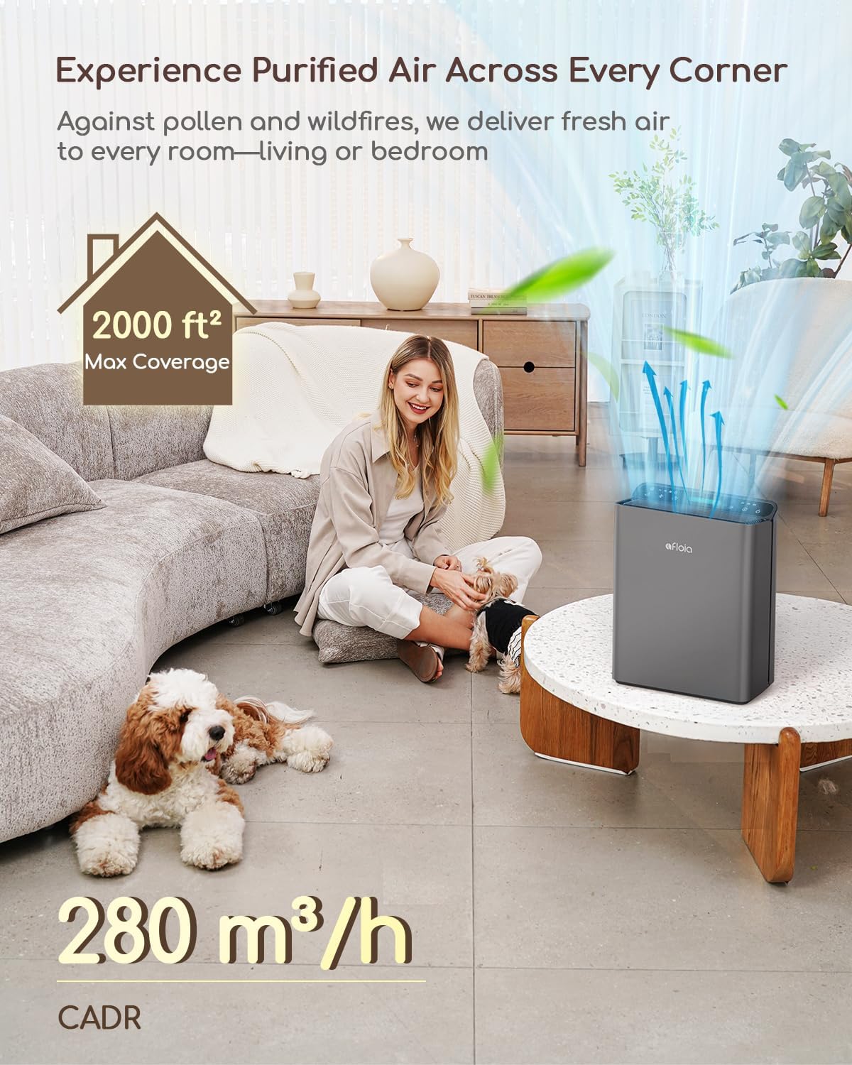 Afloia Air Purifier for Home Large Room Bedroom Up to 2000Ft² with PM2.5 Air Quality Monitor Smart Auto Mode, Washable Pre Filter Cleaner for Pet, Grey