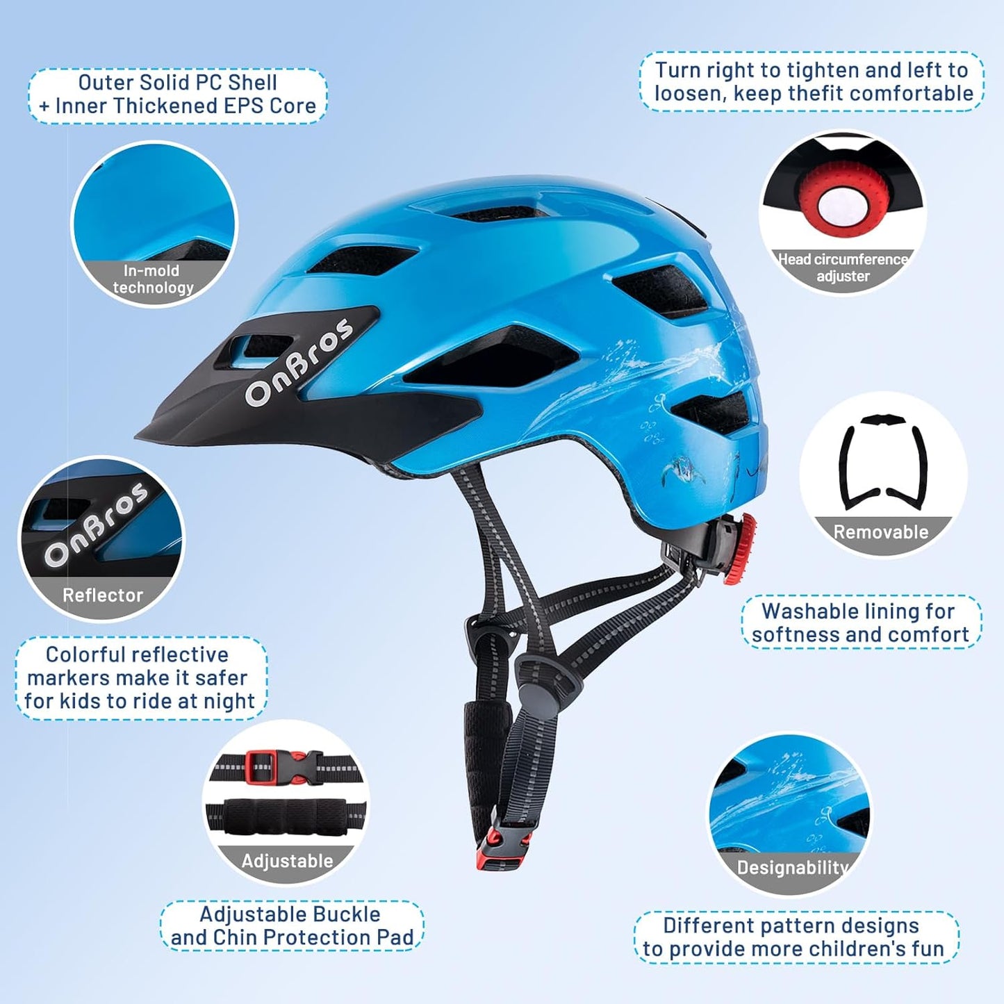 OnBros Kids Bike Helmet - Bike Helmets for 5-14 Boys or Girls with Visor, Children Bicycle Helmet for Skateboard Mountain Scooter Road Cycling, Lightweight and Adjustable 50-57CM