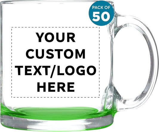 Custom Libbey Clear Glass Coffee Mugs 13 oz. Set of 50, Personalized Bulk Pack - Perfect for Coffee, Tea, Espresso, Hot Cocoa, Other Beverages - Green Bottom