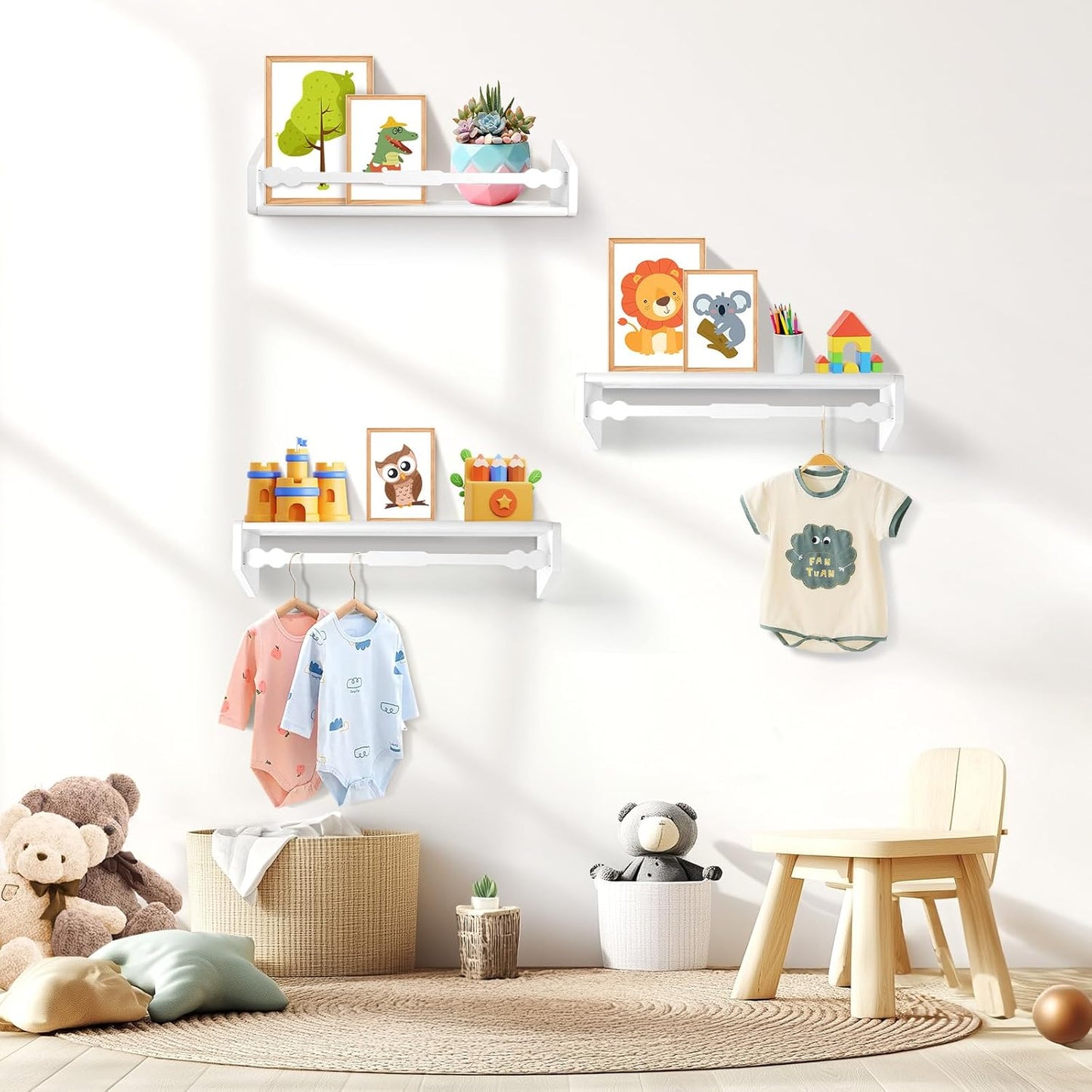 comfoyar Nursery Book Shelves Set of 3, 15.7 Inch Solid Pine Floating Shelves for Wall, Hanging Bookshelf for Kids Boys Girls Baby, Decoration for Bedroom Kitchen Bathroom Playroom, White