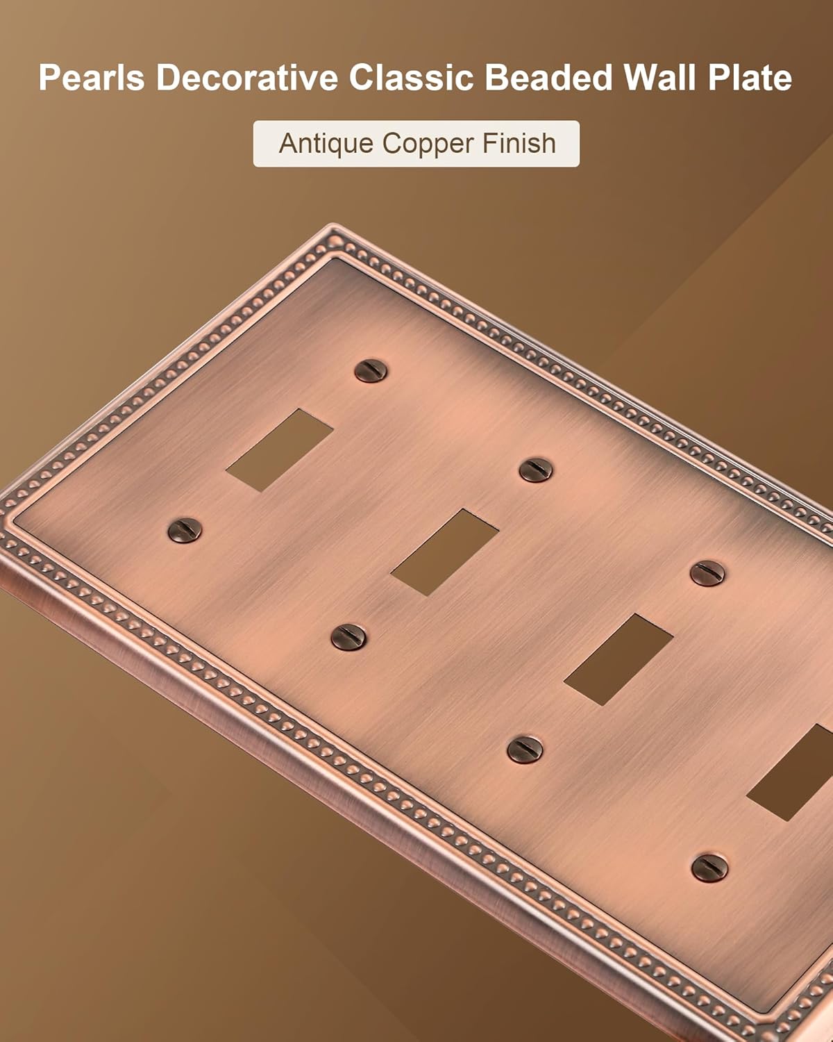 2-Pack Quad Toggle Light Switch Cover Plate, 4 Gang Metal Switch Plate Covers, Antique Copper Pearls Decorative Wall Plate, Corrosion Resistant