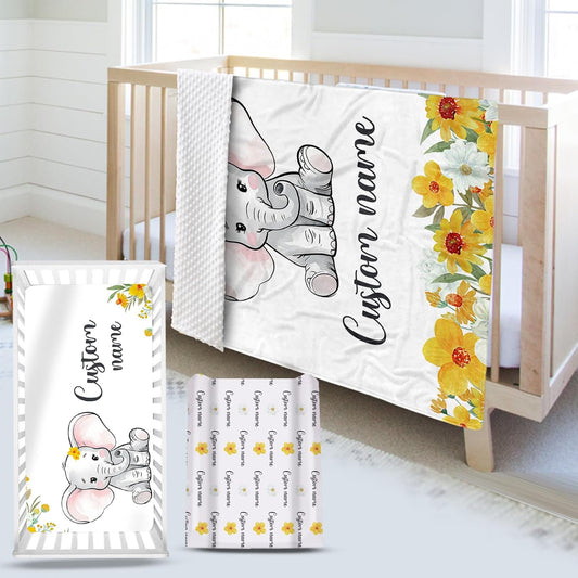 Custom Name Crib Bedding Set - Elephant Pattern, Personalized Yellow Floral Nursery Bedding 3-Piece Set– Soft Blanket, Fitted Sheet, Changing Pad Cover – for Newborns Girls Nursery Gifts