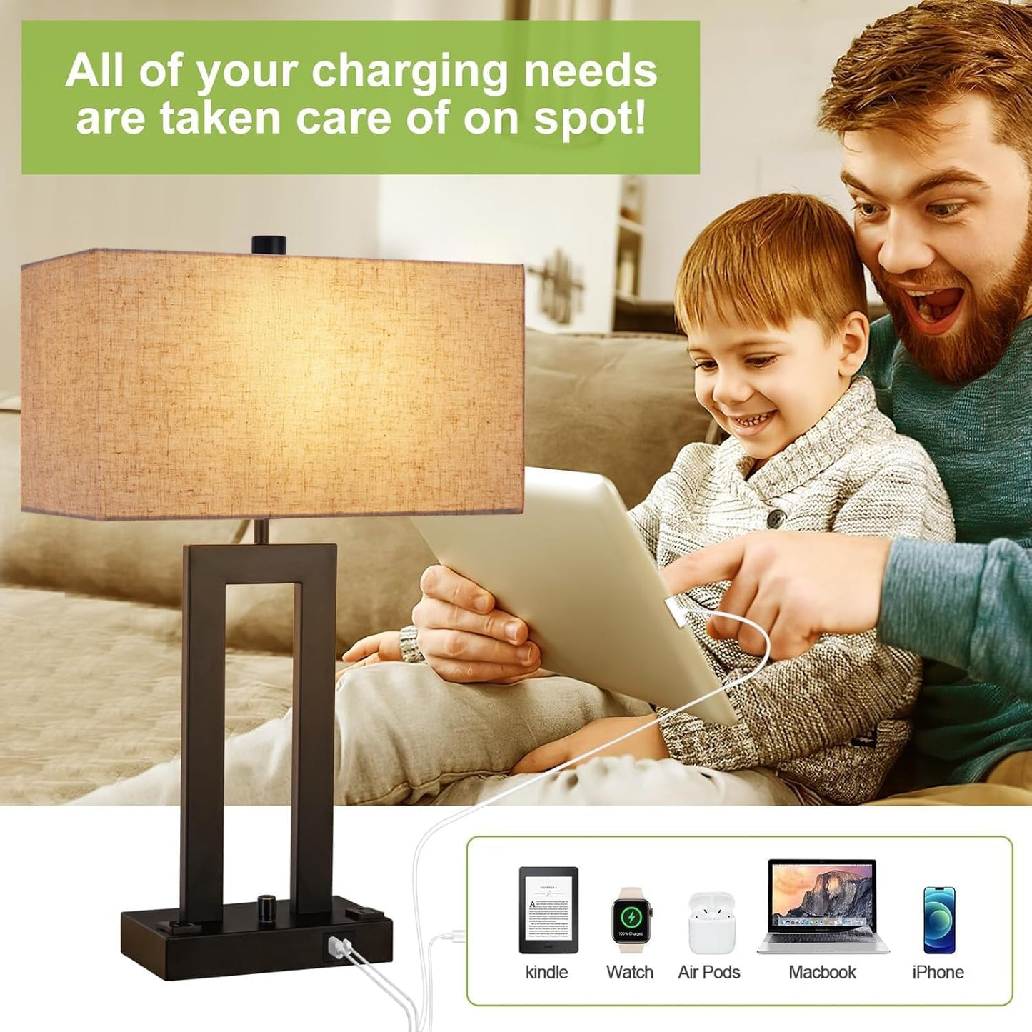 Modern Table Lamps Set of 2-22" Tall Bedside Lamps with USB-C/USB-A Charge Ports & Outlet, Stepless Dimmable Fabric Cream Shade Nightstand Lamps for Bedroom & Living Room