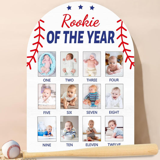 Baseball First Year Photo Board Rookie of the Year Birthday Party Decoration Wooden Board 12 Monthly Milestone Picture Frame Sports 1st Birthday Photo Banner for Baby Boy Keepsake Gift Supply2x2.8In