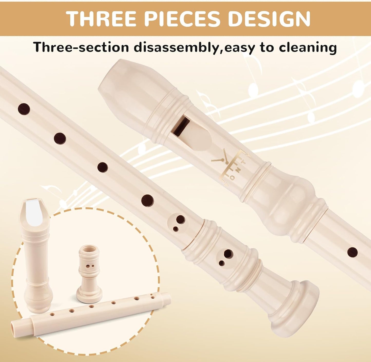Soprano Recorder 8-Hole Instrument for Beginners Kids Students, Baroque Style C Key Flute with Cleaning Rod & acking Bag for Education & Entertainment - Beige