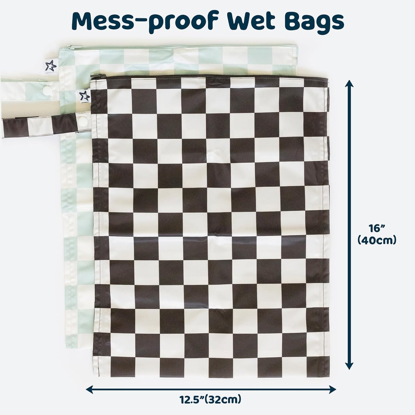 Tiny Twinkle Mess-Proof Waterproof Wet Dry Bag | 2-Pack Reusable Wet Bags for Swimsuits & Baby Clothes | Leakproof Wet Bag for Travel & Diaper Changes for Baby (Black, Green Checkers)