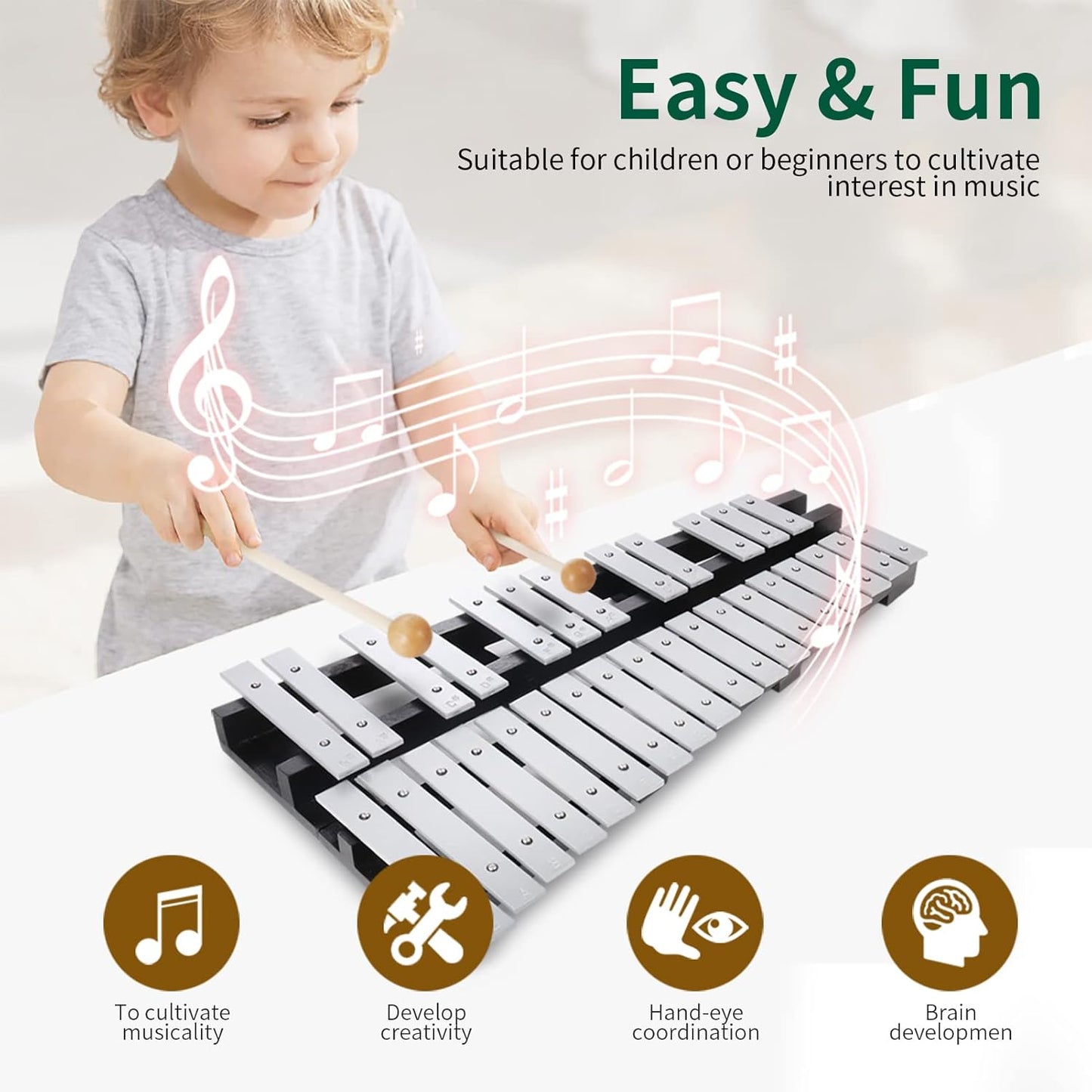 30 Notes Foldable Glockenspiel Xylophone, Percussion Instrument Kit for Adults and Kids- Includes 4 Mallets and Carrying Bag