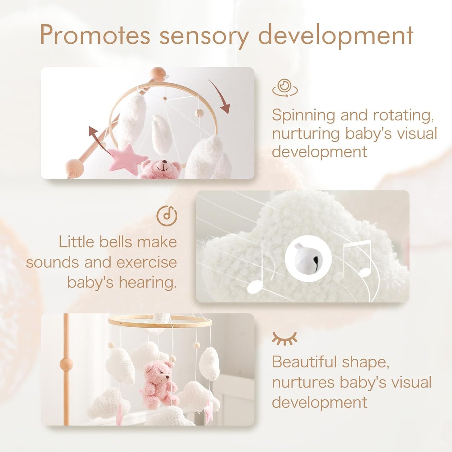 EERKEOD Baby Crib Mobile Bear Nursery Mobile for Boys Girls Teddy Velvet Mobile Nursery Decor for Infant Bedroom Hanging Baby Mobile for Bassinet Newborn Baby Gift（Pink Bear）