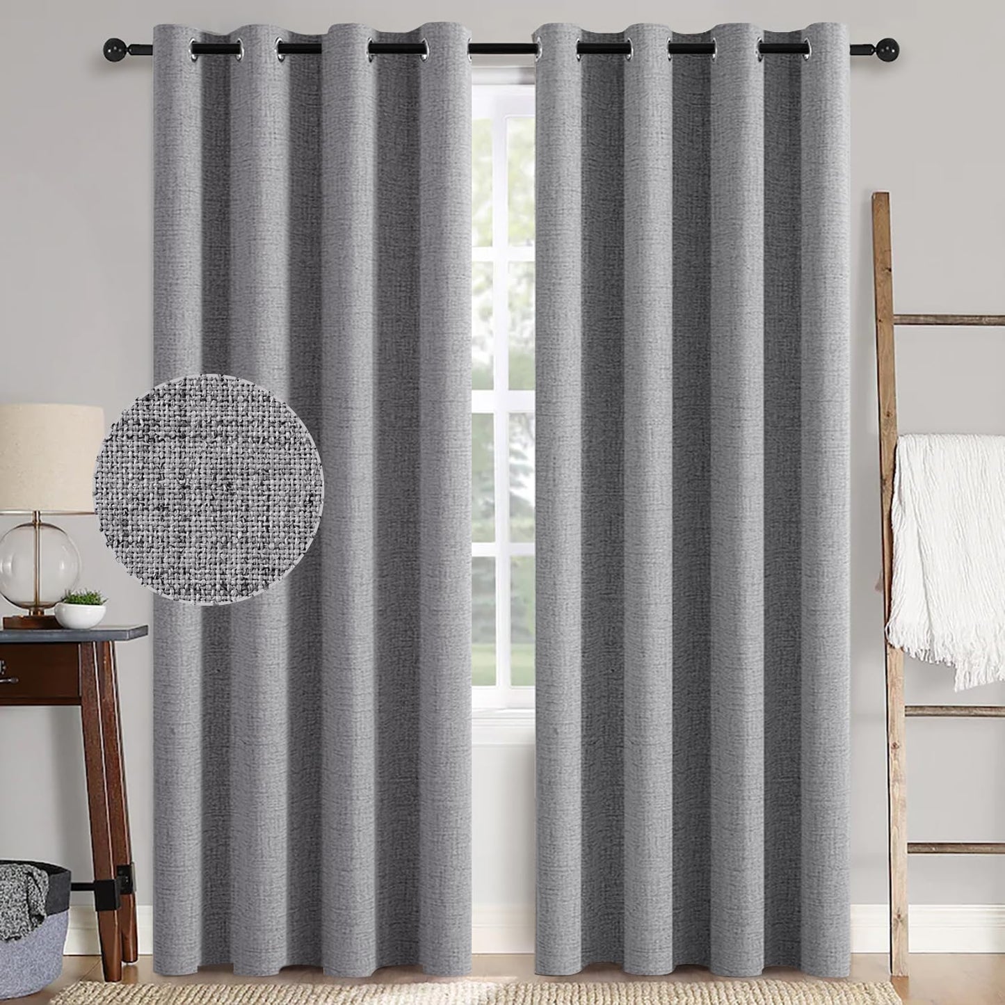 MIULEE Linen Texture Curtains for Bedroom Solid 100% Blackout Thermal Insulated Grey Curtains Grommet Room Darkening Drapes Luxury Decor for Living Room Nursery 52x72 Inch (2 Panels)