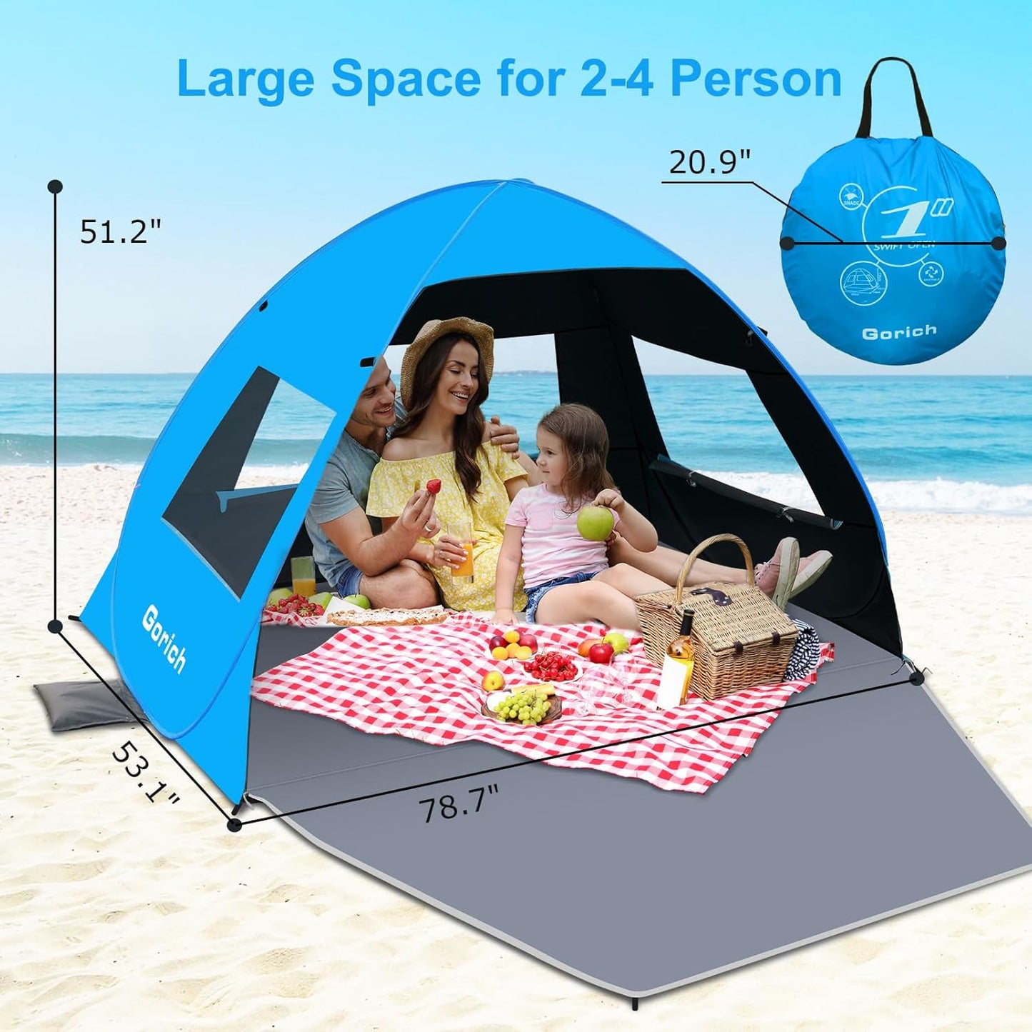 Gorich Easy Pop Up Beach Tent for 3-4 Person, UPF 50+ UV Protection Beach Umbrella Sun Shelter, Portable Lightweight Shade with Easy Foldable & Instant Setup