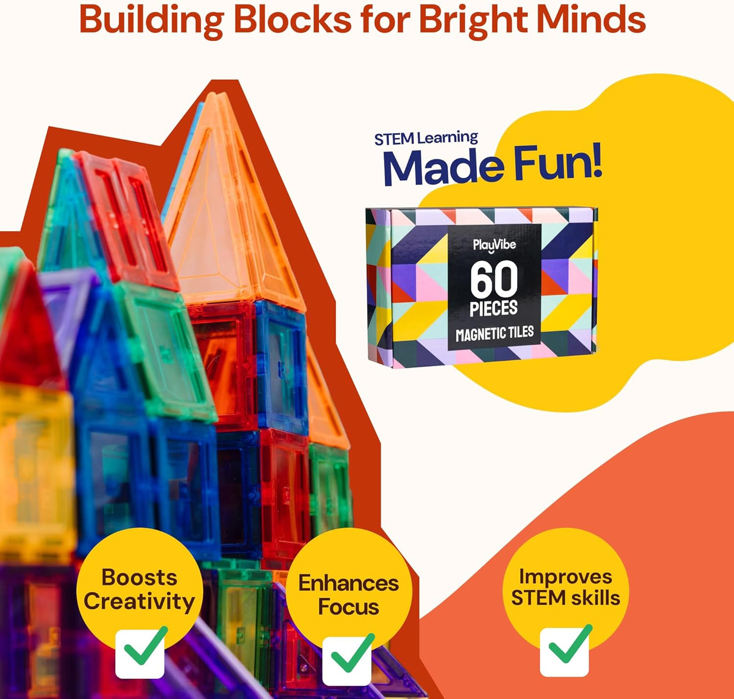 PLAYVIBE Magnetic Tiles 60 Pcs - 3D Magnet Toys for Kids 3+ - STEM Building Blocks - Toddler Learning Essential for Home & Classroom, Boys & Girls - Sensory Toys - Magnetic Blocks