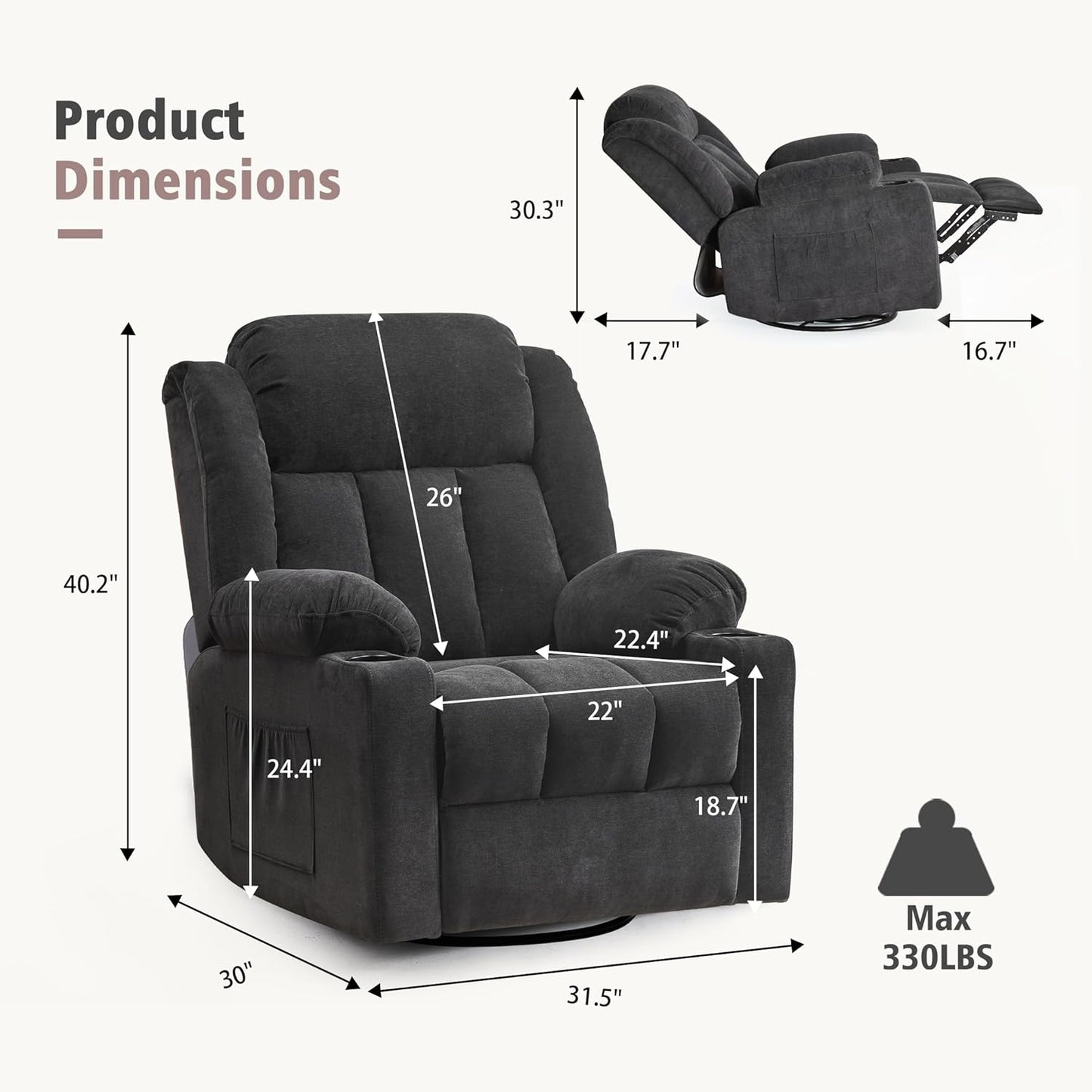 Rocker Swivel Recliner Chair for Adults, Overstuffed Large Manual Recliner Glider with Massage and Heat, Comfy Soft Fabric Living Room Reclining Sofa Chair (Black Fabric)