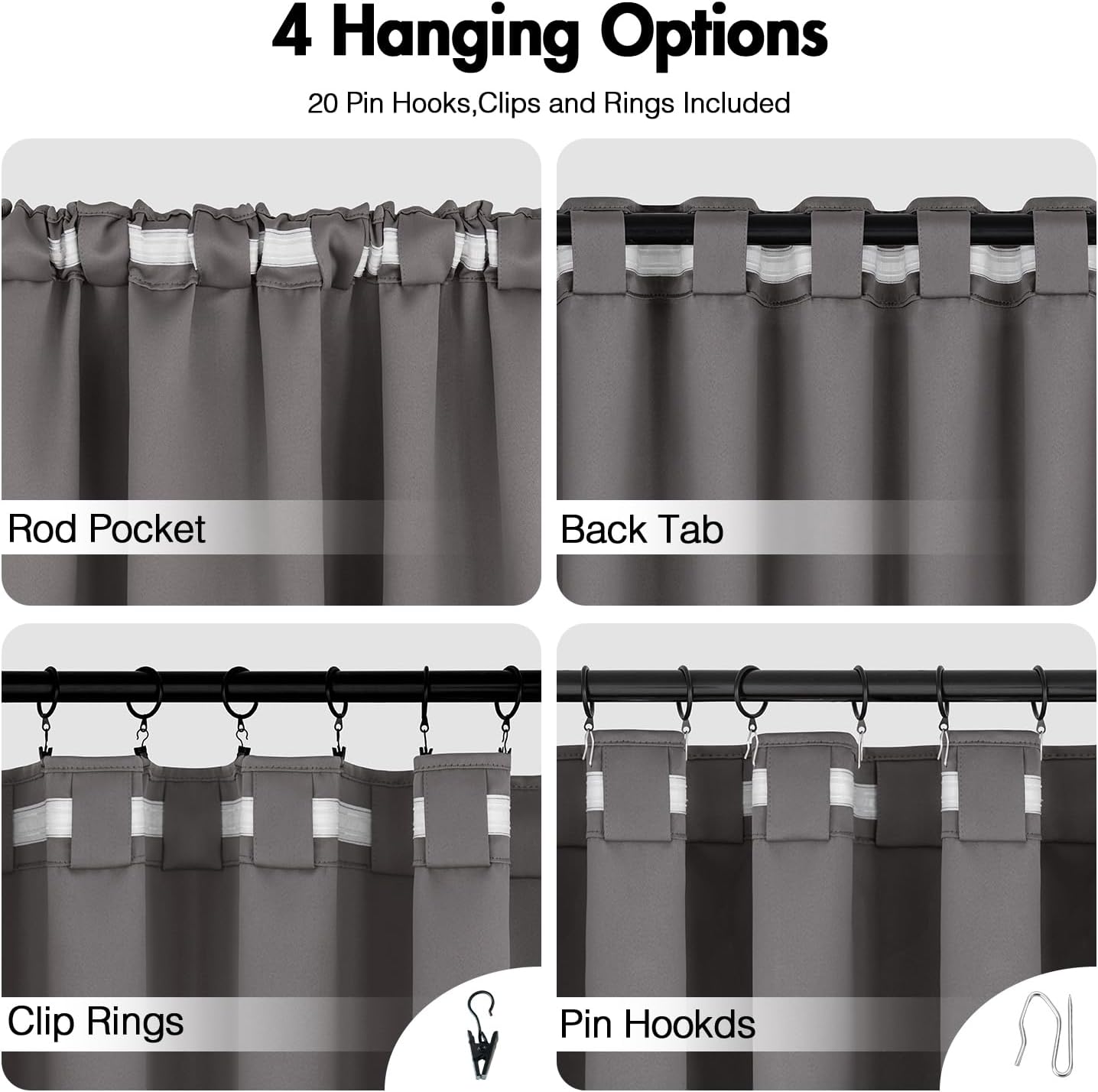 ANRODUO Back Tab Blackout Curtains for Bedroom Living Room, Rod Pocket Pinch Pleated Thermal Insulated Room Darkening Curtains 90 Inches Long 2 Panels, Grey, 42 x 90 Inch