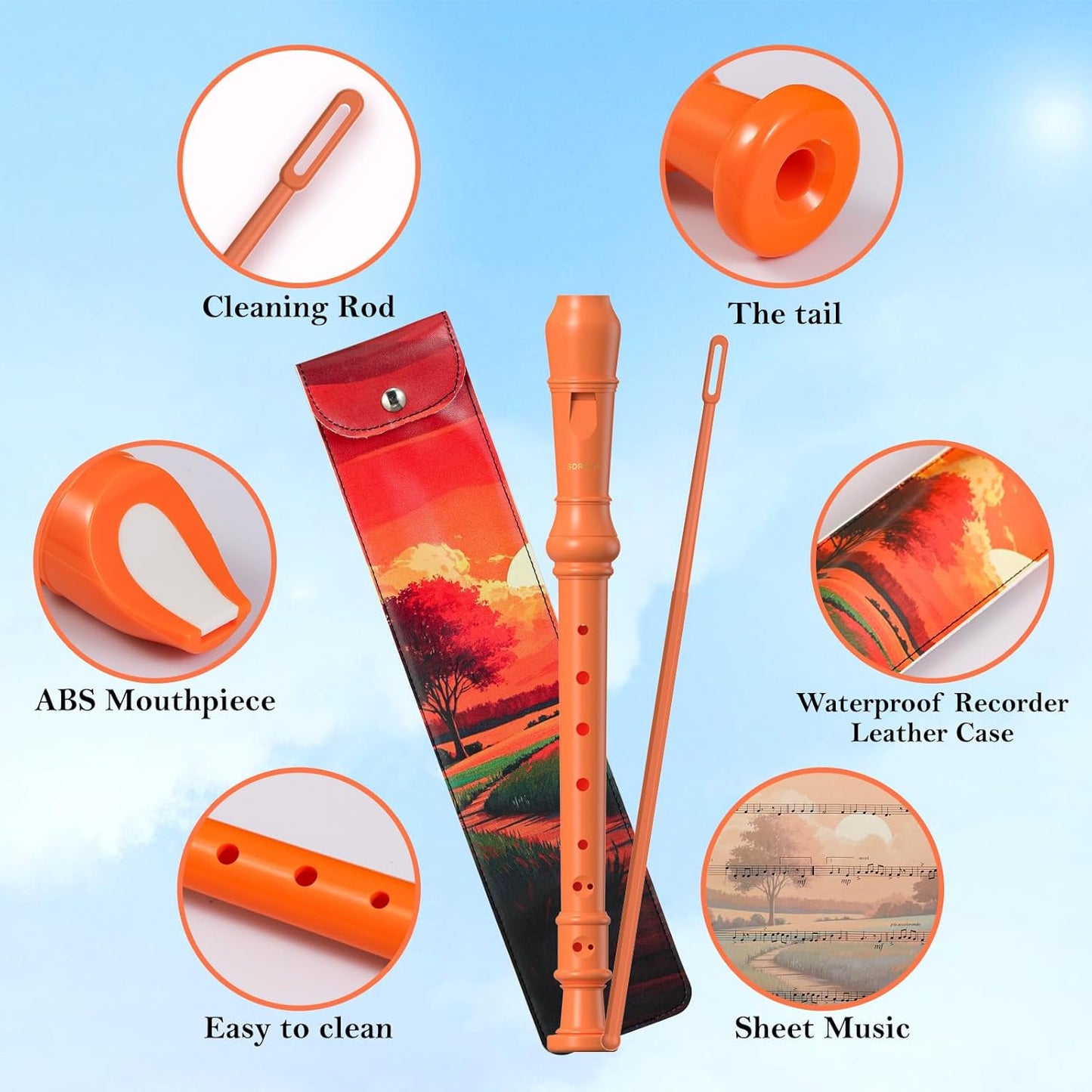 SDREAM Soprano Recorder Instrument for Kids and Adults - Beginner 8 Hole German Fingering Recorder Flute With Cleaning Rod, Packing Bag and Sheet Music (Orange)